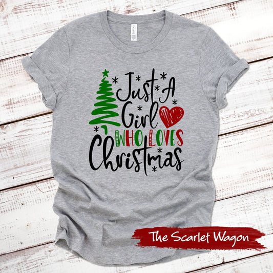 Just a Girl Who Loves Christmas Christmas Shirt Scarlet Wagon Athletic Heather XS 