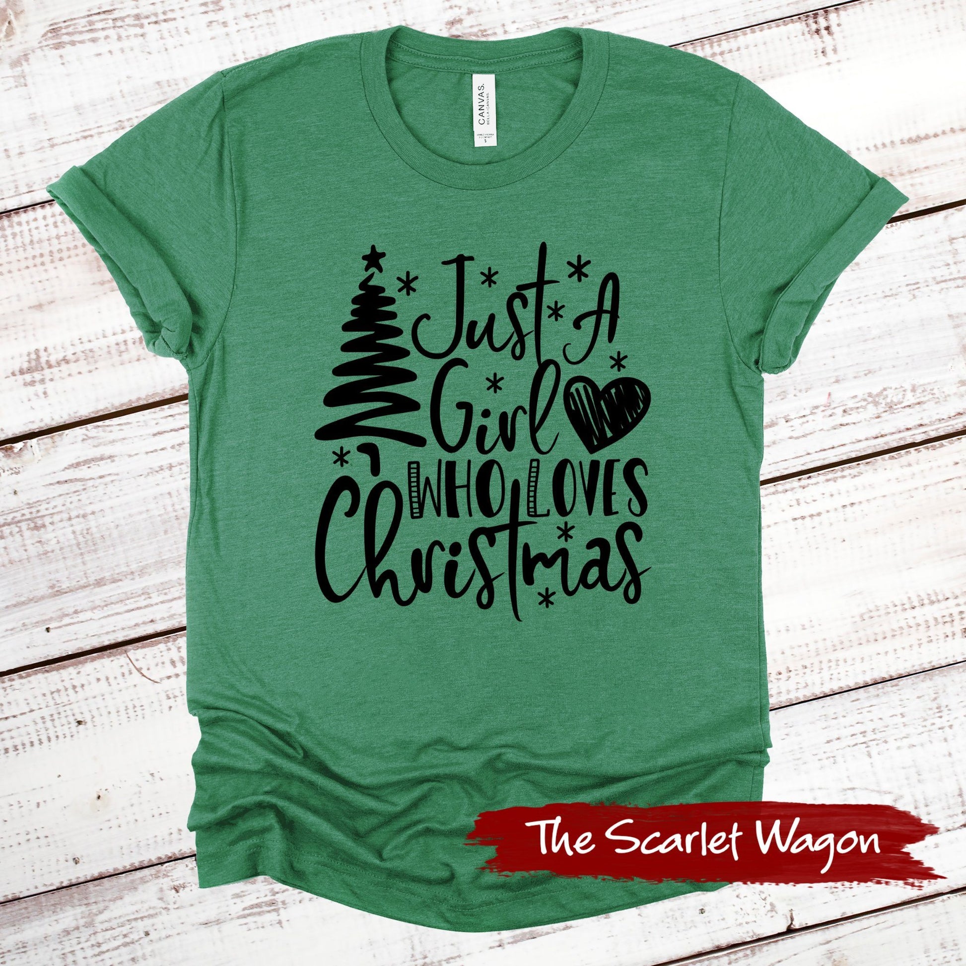 Just a Girl Who Loves Christmas Christmas Shirt Scarlet Wagon Heather Green XS 