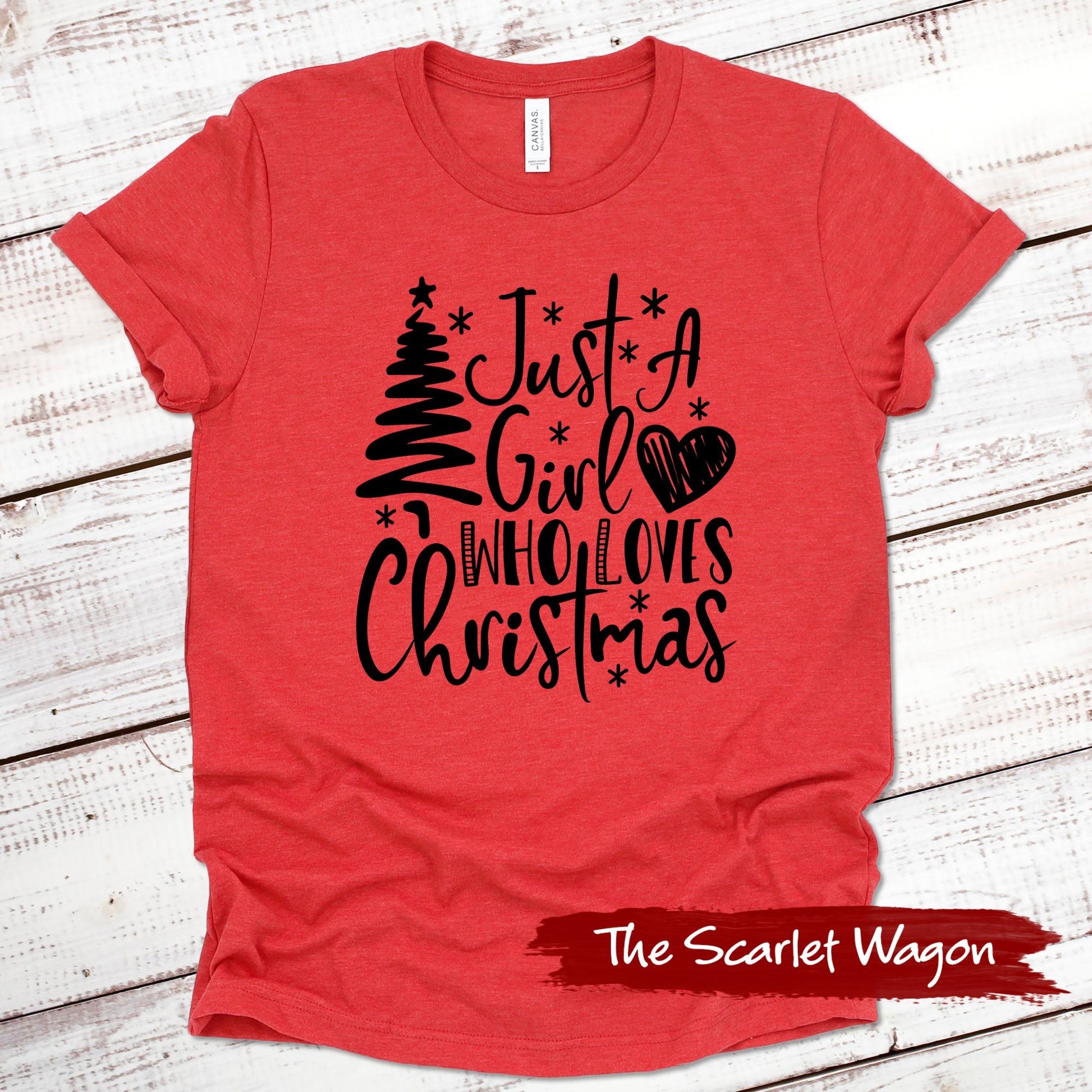 Just a Girl Who Loves Christmas Christmas Shirt Scarlet Wagon Heather Red XS 