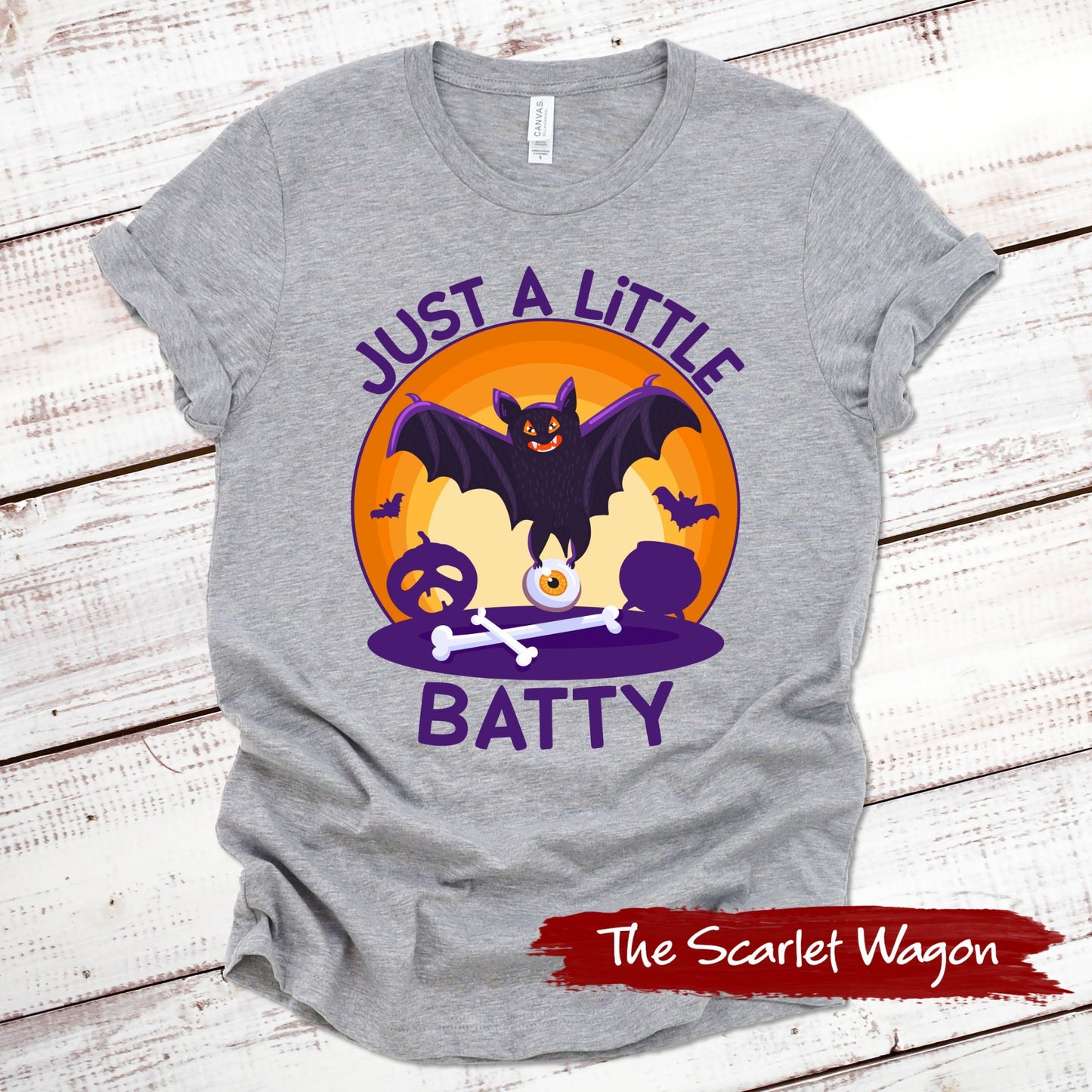 Just a Little Batty Halloween Shirt Scarlet Wagon Athletic Heather XS 