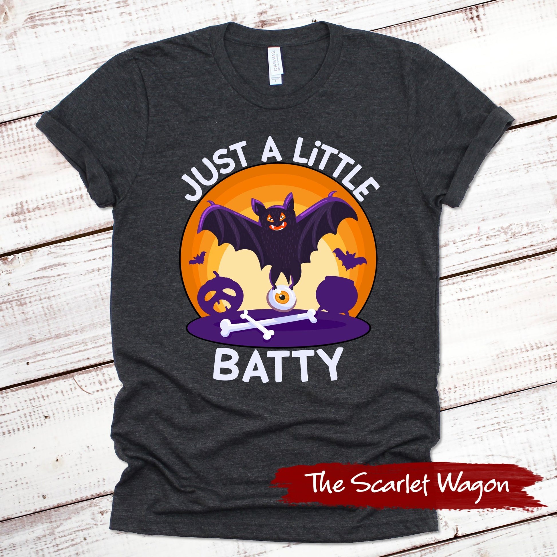 Just a Little Batty Halloween Shirt Scarlet Wagon Dark Gray Heather XS 