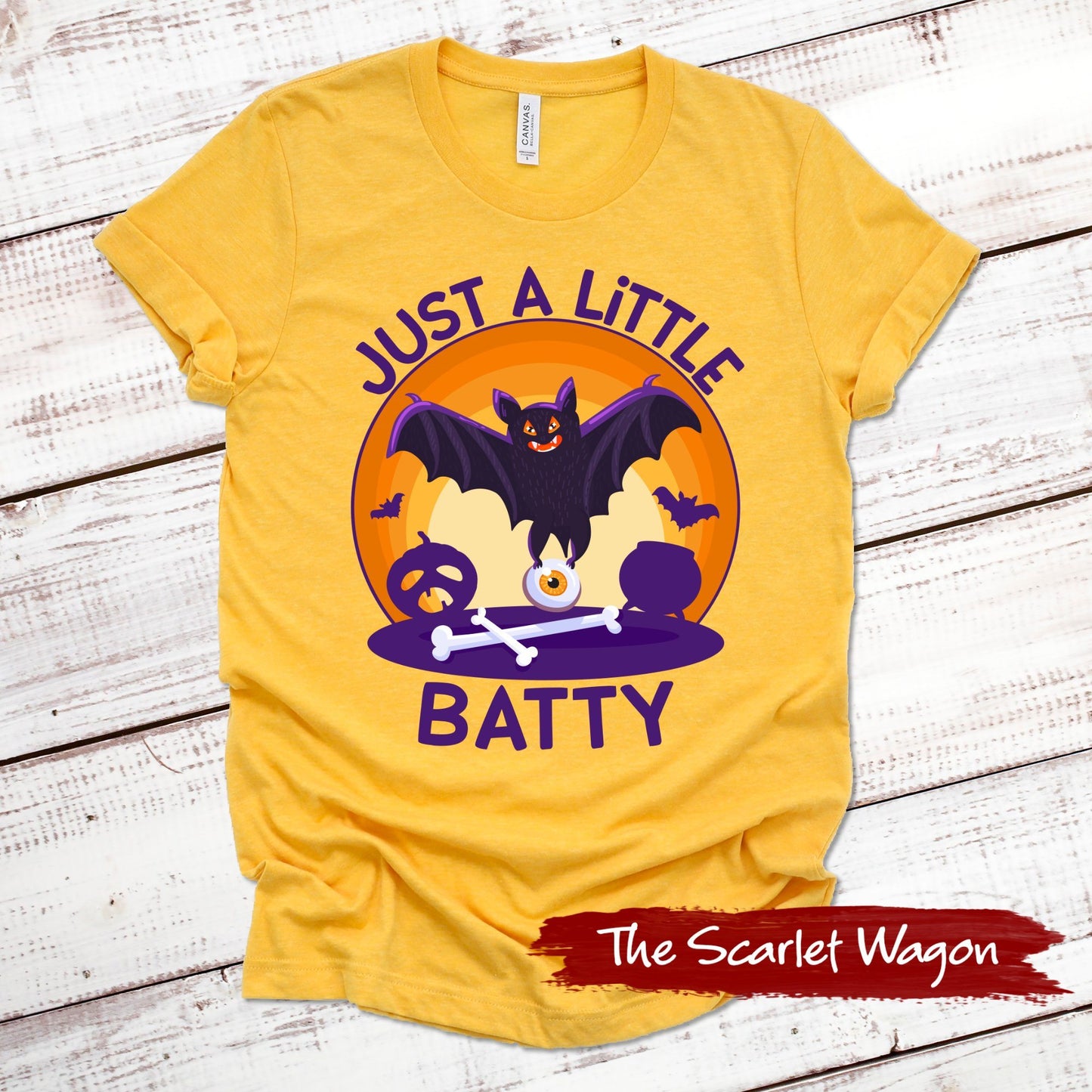 Just a Little Batty Halloween Shirt Scarlet Wagon Heather Gold XS 