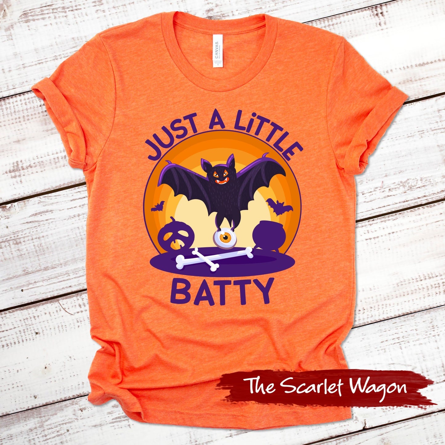 Just a Little Batty Halloween Shirt Scarlet Wagon Heather Orange XS 