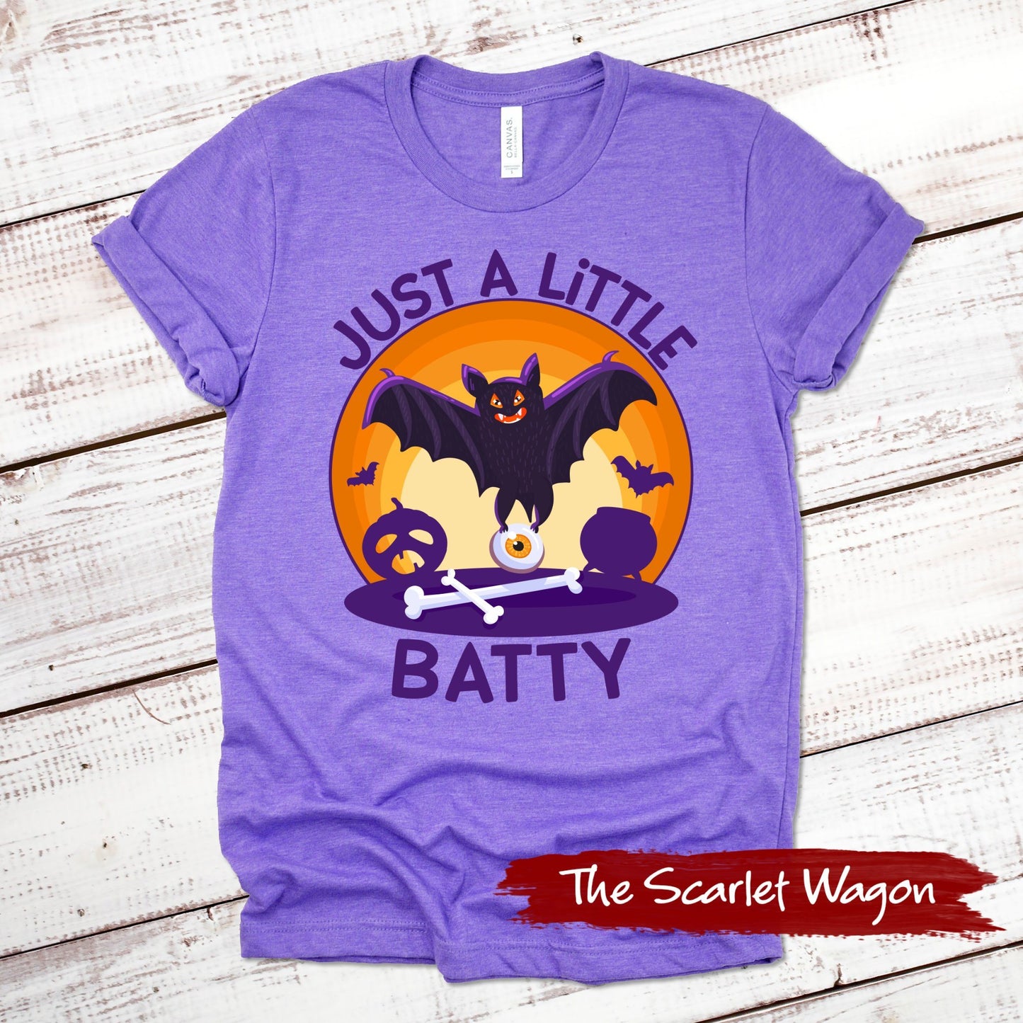 Just a Little Batty Halloween Shirt Scarlet Wagon Heather Purple XS 