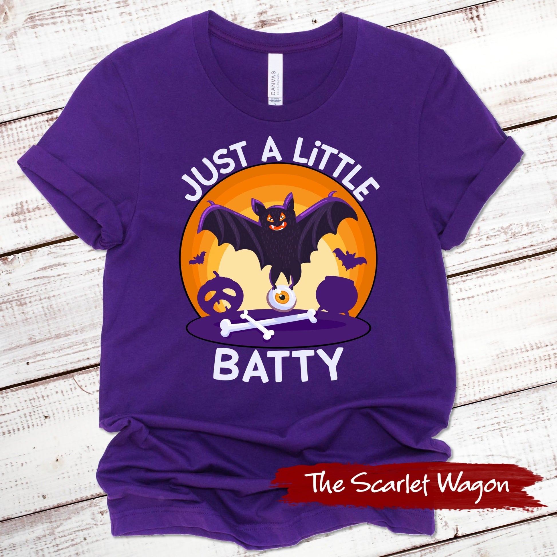 Just a Little Batty Halloween Shirt Scarlet Wagon Purple XS 