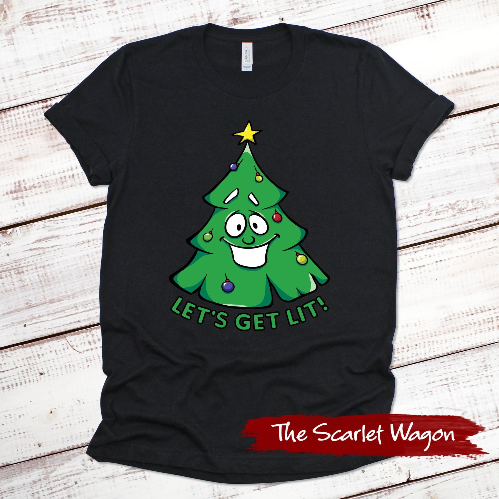 Let's Get Lit Christmas Tree Christmas Shirt Scarlet Wagon Black XS 