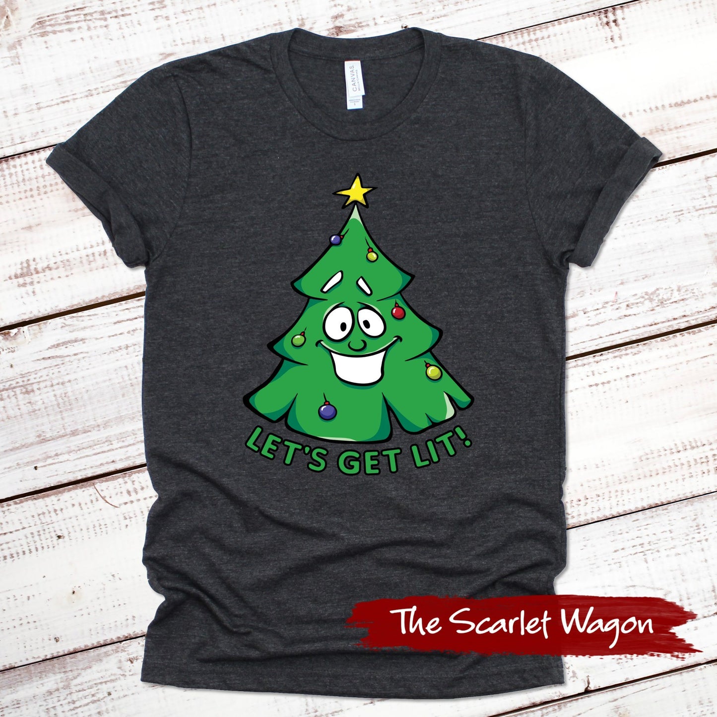 Let's Get Lit Christmas Tree Christmas Shirt Scarlet Wagon Dark Gray Heather XS 