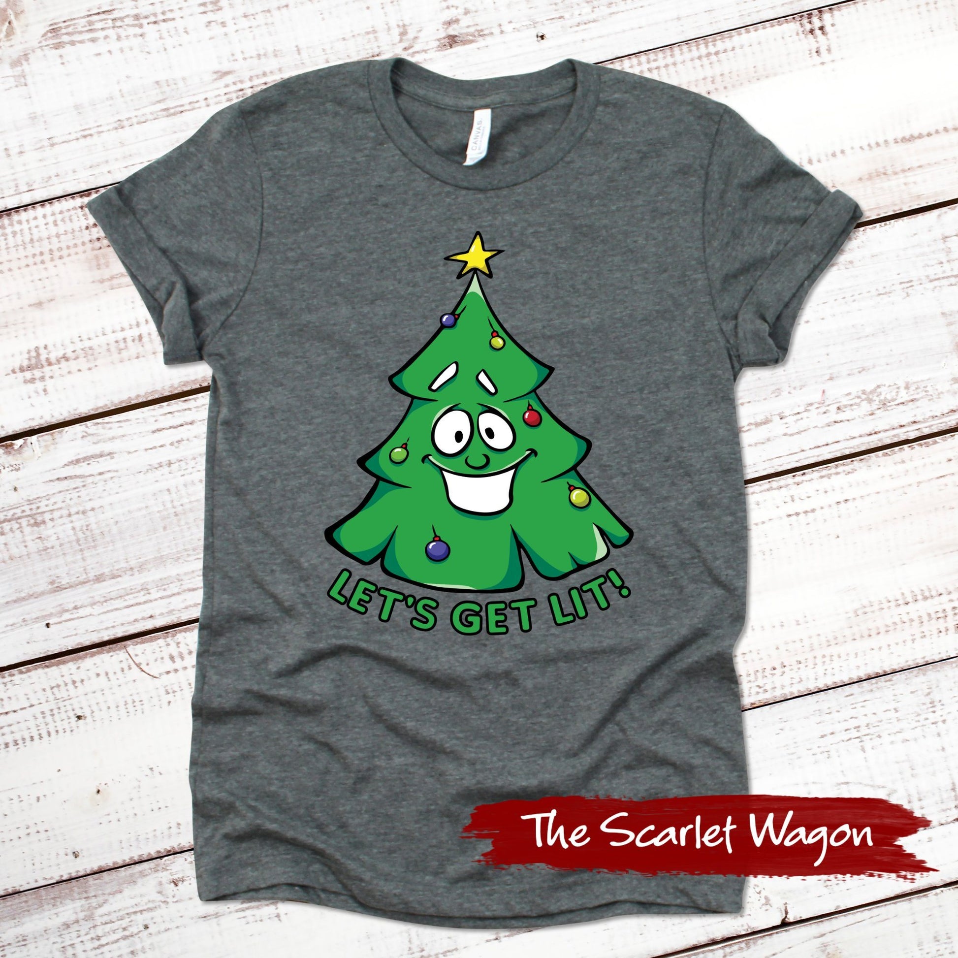 Let's Get Lit Christmas Tree Christmas Shirt Scarlet Wagon Deep Heather Gray XS 