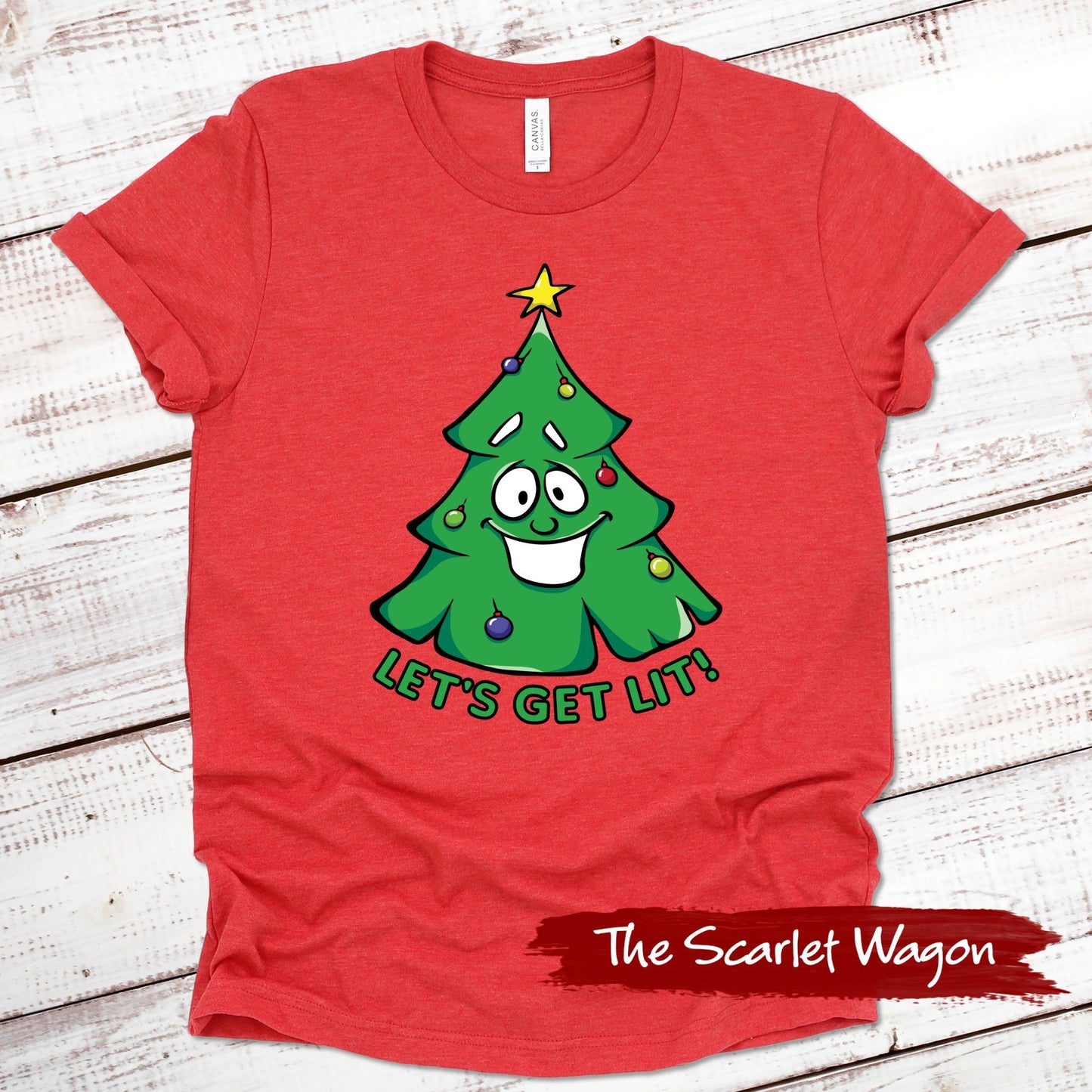Let's Get Lit Christmas Tree Christmas Shirt Scarlet Wagon Heather Red XS 