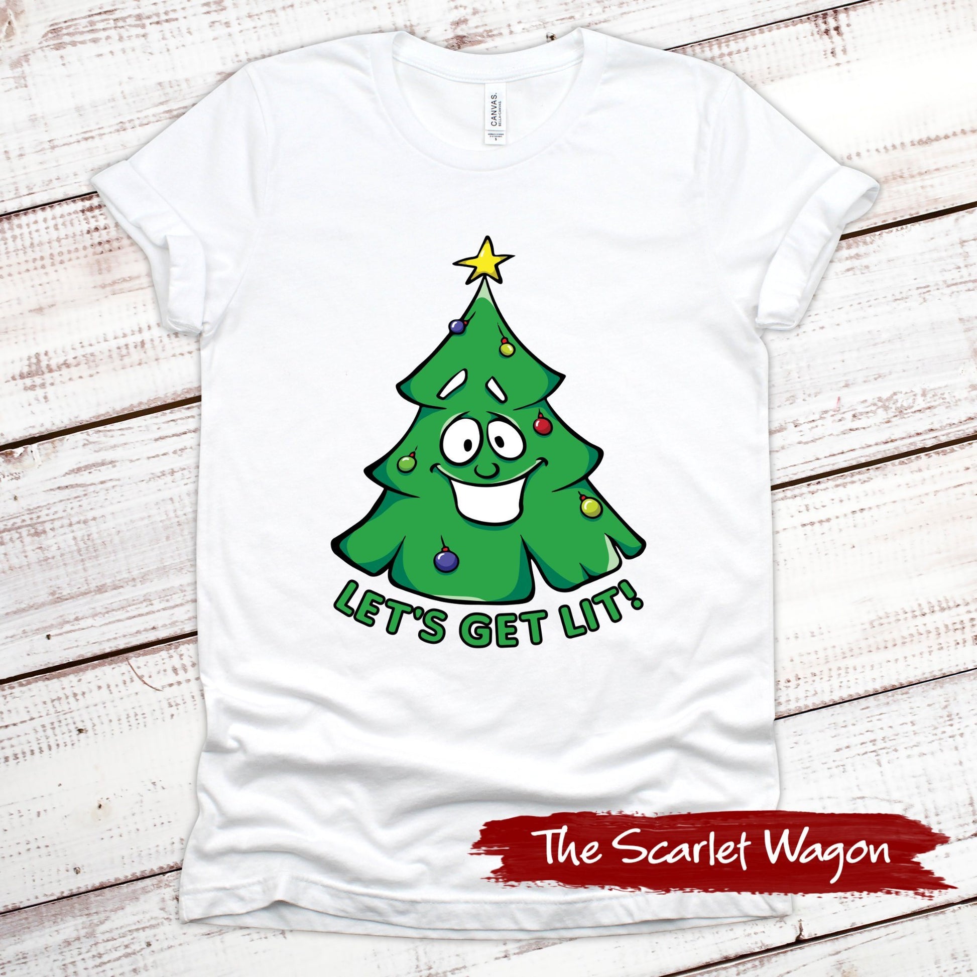 Let's Get Lit Christmas Tree Christmas Shirt Scarlet Wagon White XS 