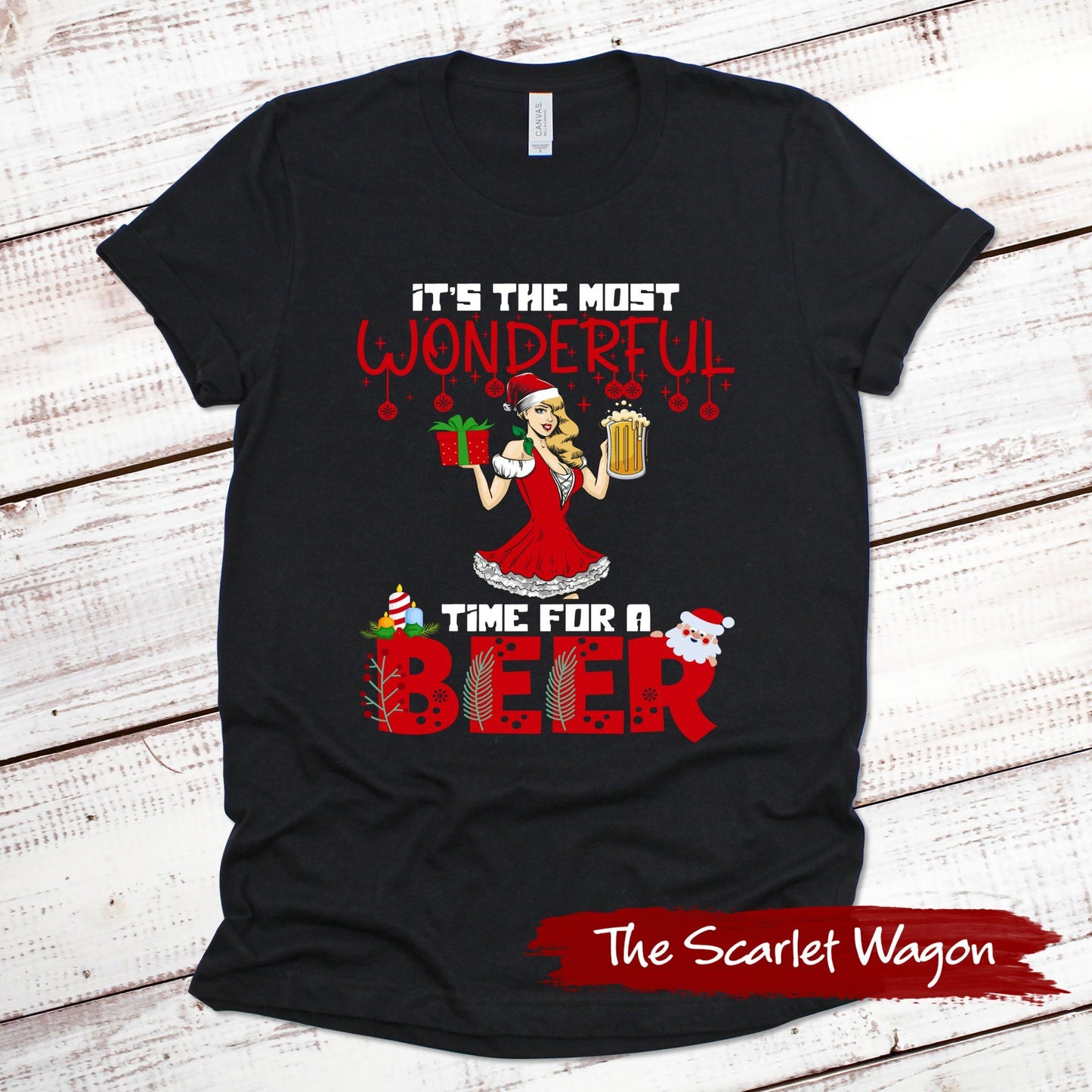 Most Wonderful Time for a Beer Christmas Shirt Scarlet Wagon Black XS 