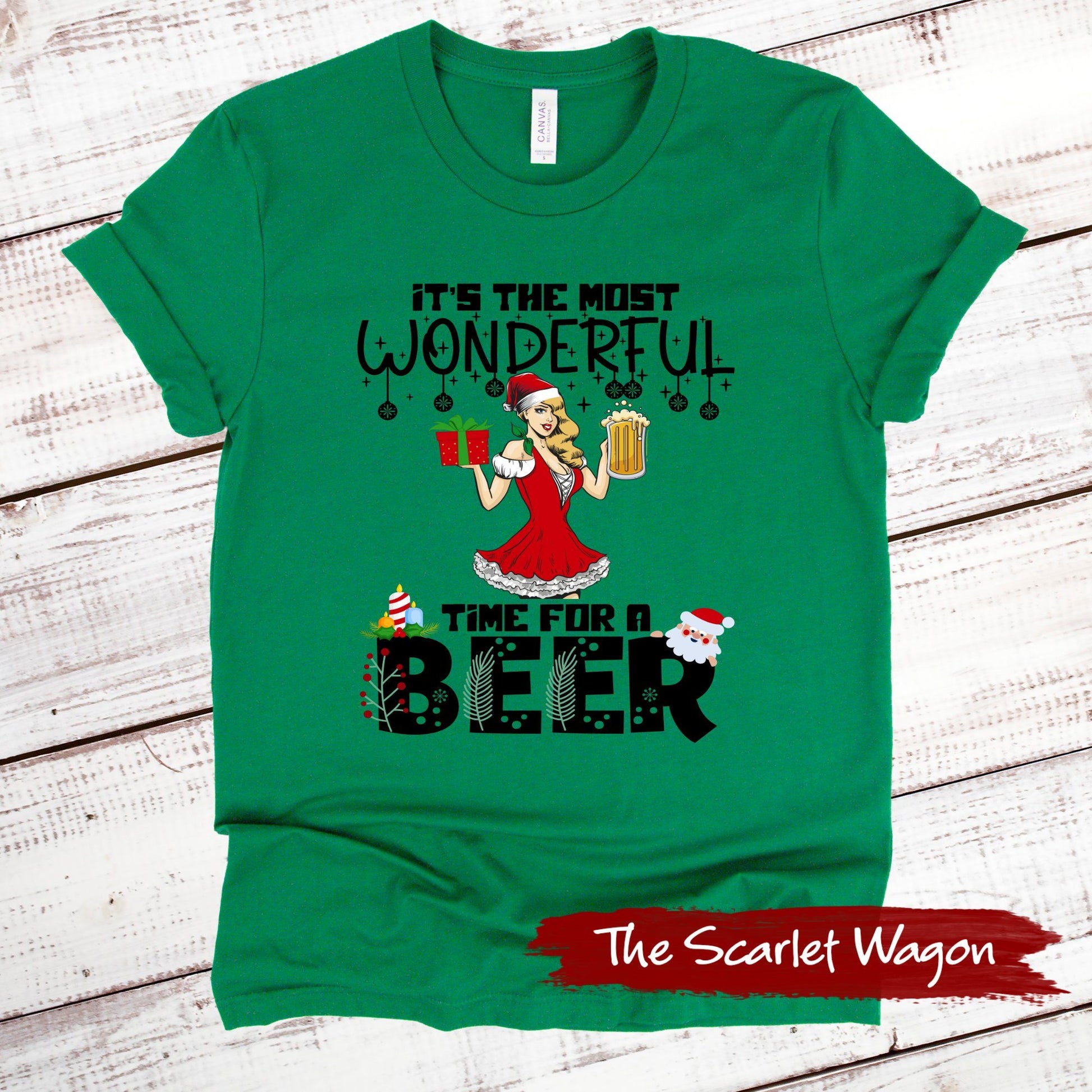 Most Wonderful Time for a Beer Christmas Shirt Scarlet Wagon Green XS 