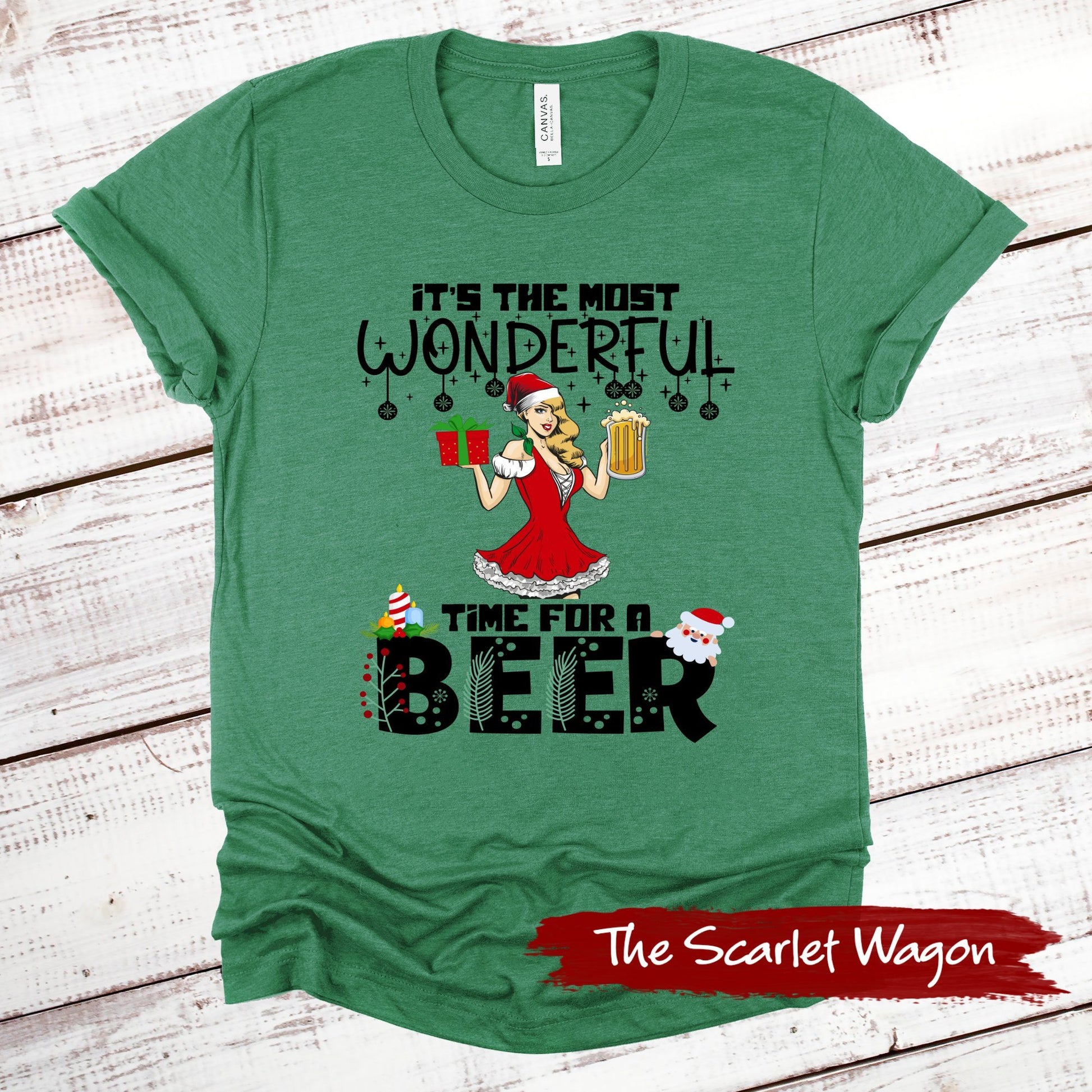 Most Wonderful Time for a Beer Christmas Shirt Scarlet Wagon Heather Green XS 