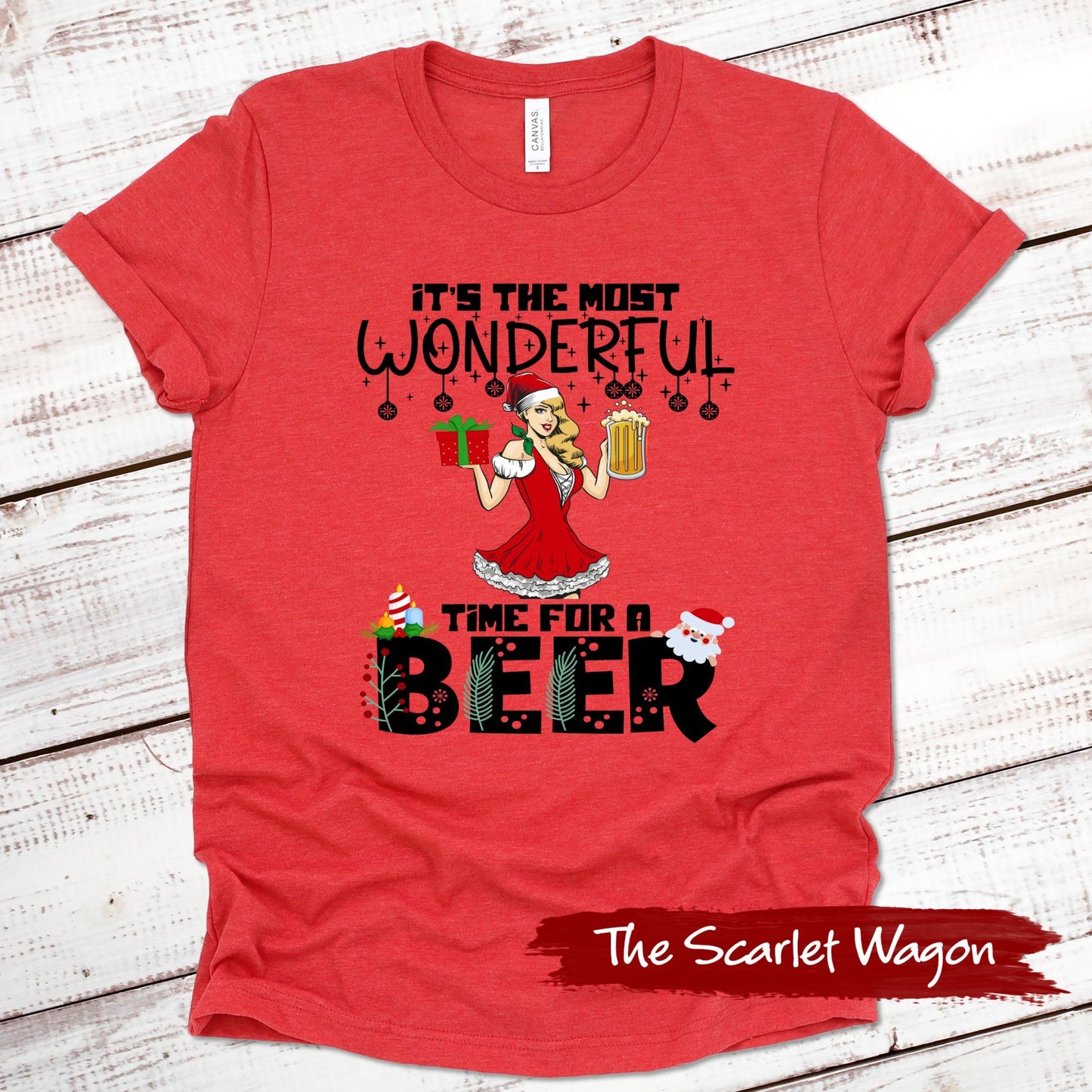 Most Wonderful Time for a Beer Christmas Shirt Scarlet Wagon Heather Red XS 
