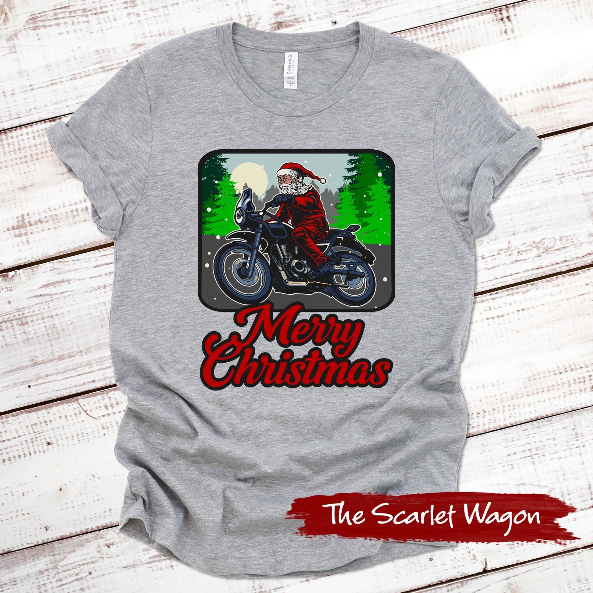 Motorcycle Santa Christmas Shirt Scarlet Wagon Athletic Heather XS 