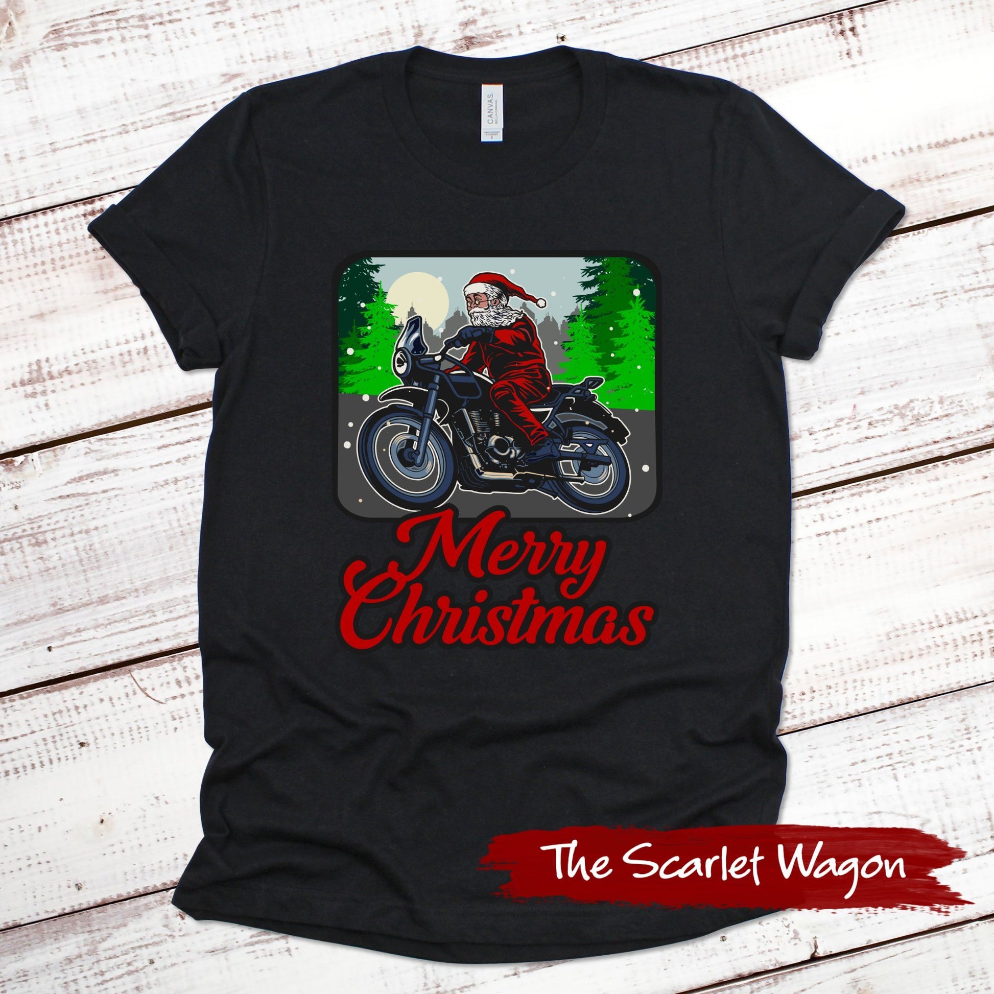 Motorcycle Santa Christmas Shirt Scarlet Wagon Black XS 