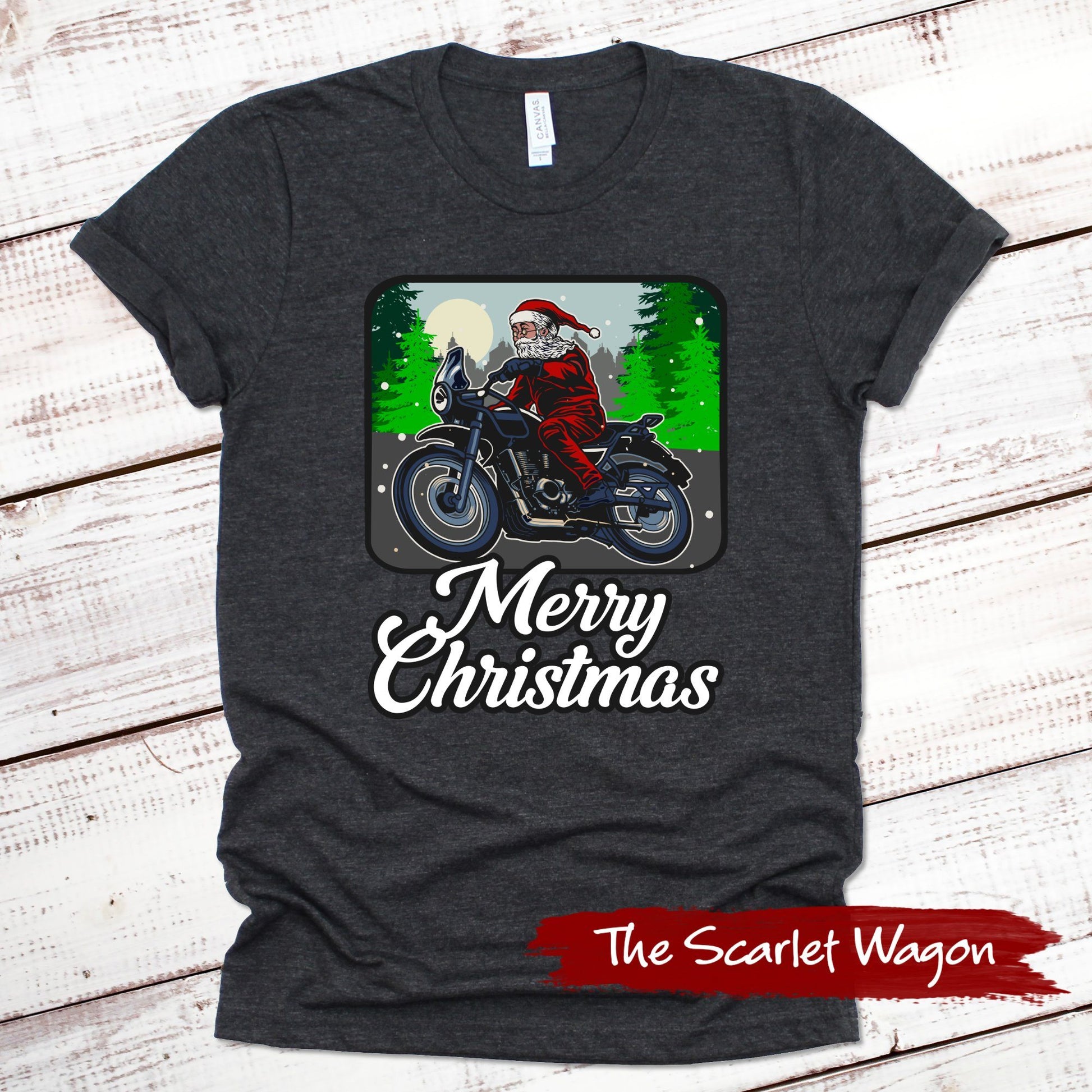 Motorcycle Santa Christmas Shirt Scarlet Wagon Dark Gray Heather XS 