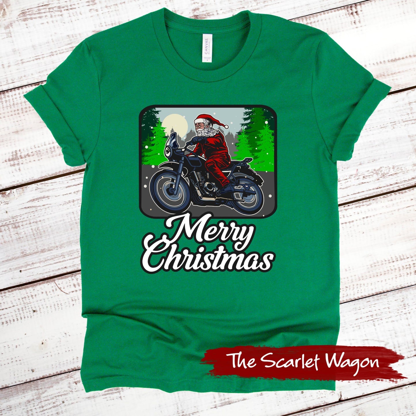 Motorcycle Santa Christmas Shirt Scarlet Wagon Green XS 