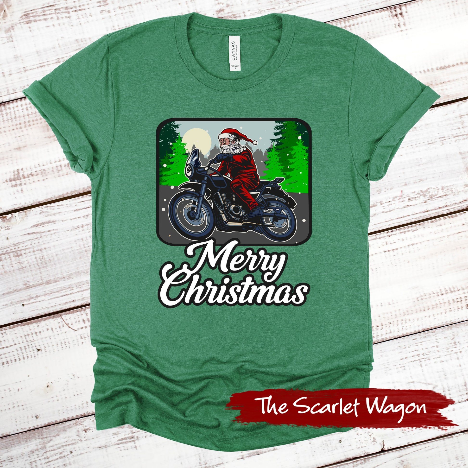 Motorcycle Santa Christmas Shirt Scarlet Wagon Heather Green XS 