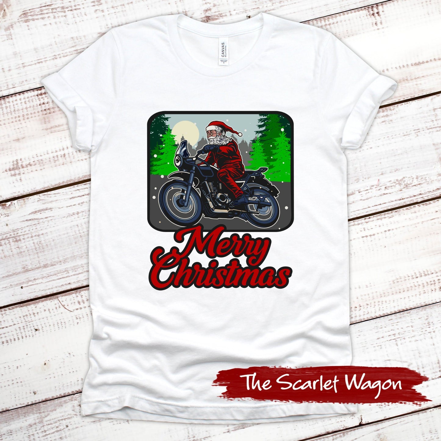 Motorcycle Santa Christmas Shirt Scarlet Wagon White XS 