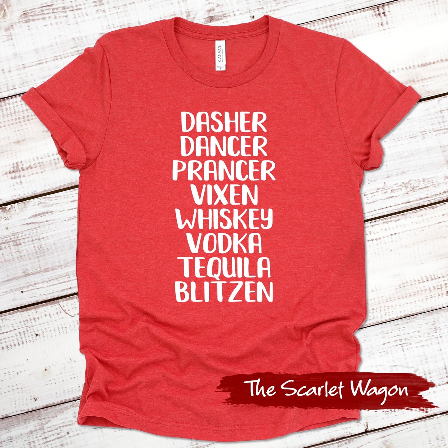 Reindeer Names and Alcohol Christmas Shirt Scarlet Wagon Heather Red XS 
