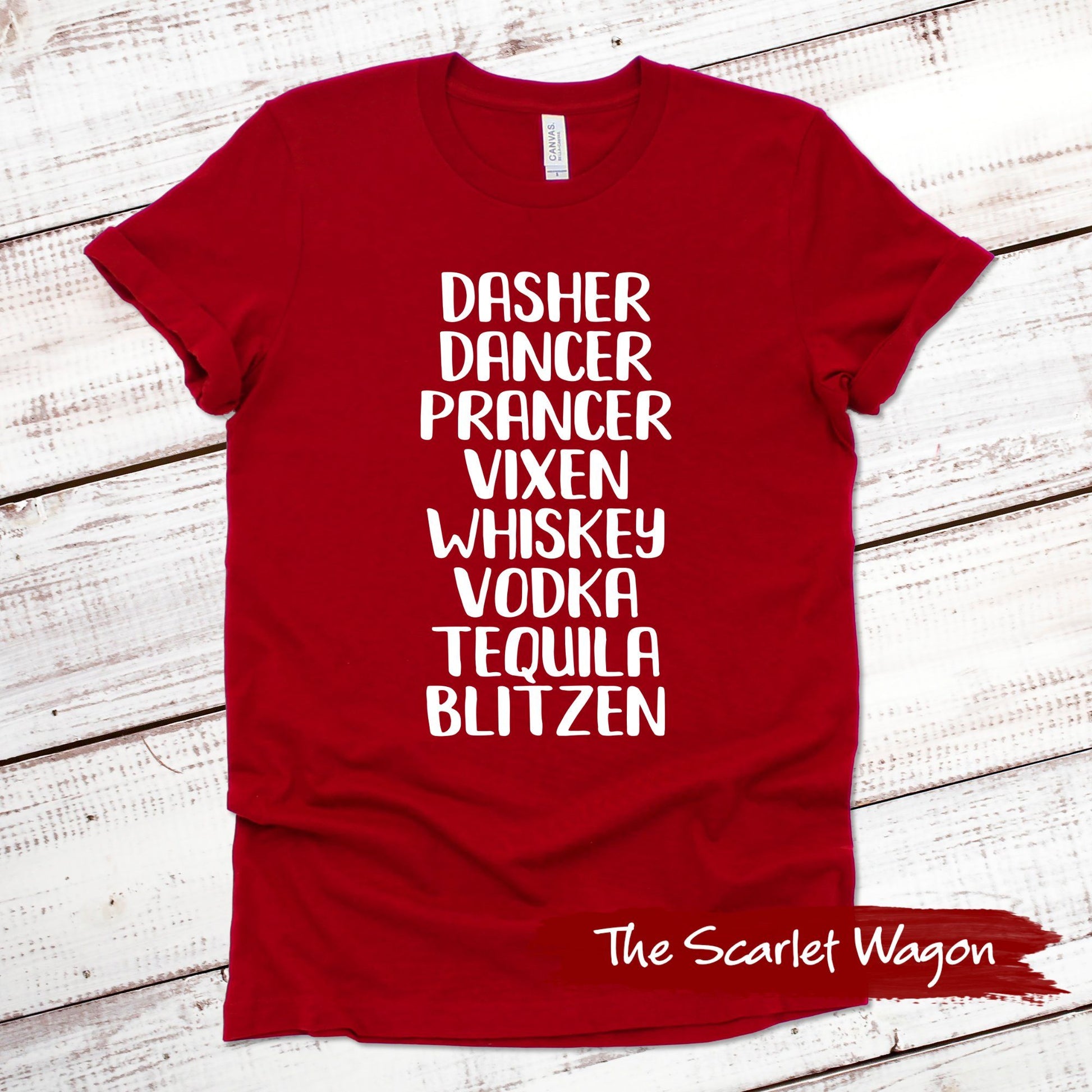 Reindeer Names and Alcohol Christmas Shirt Scarlet Wagon Red XS 