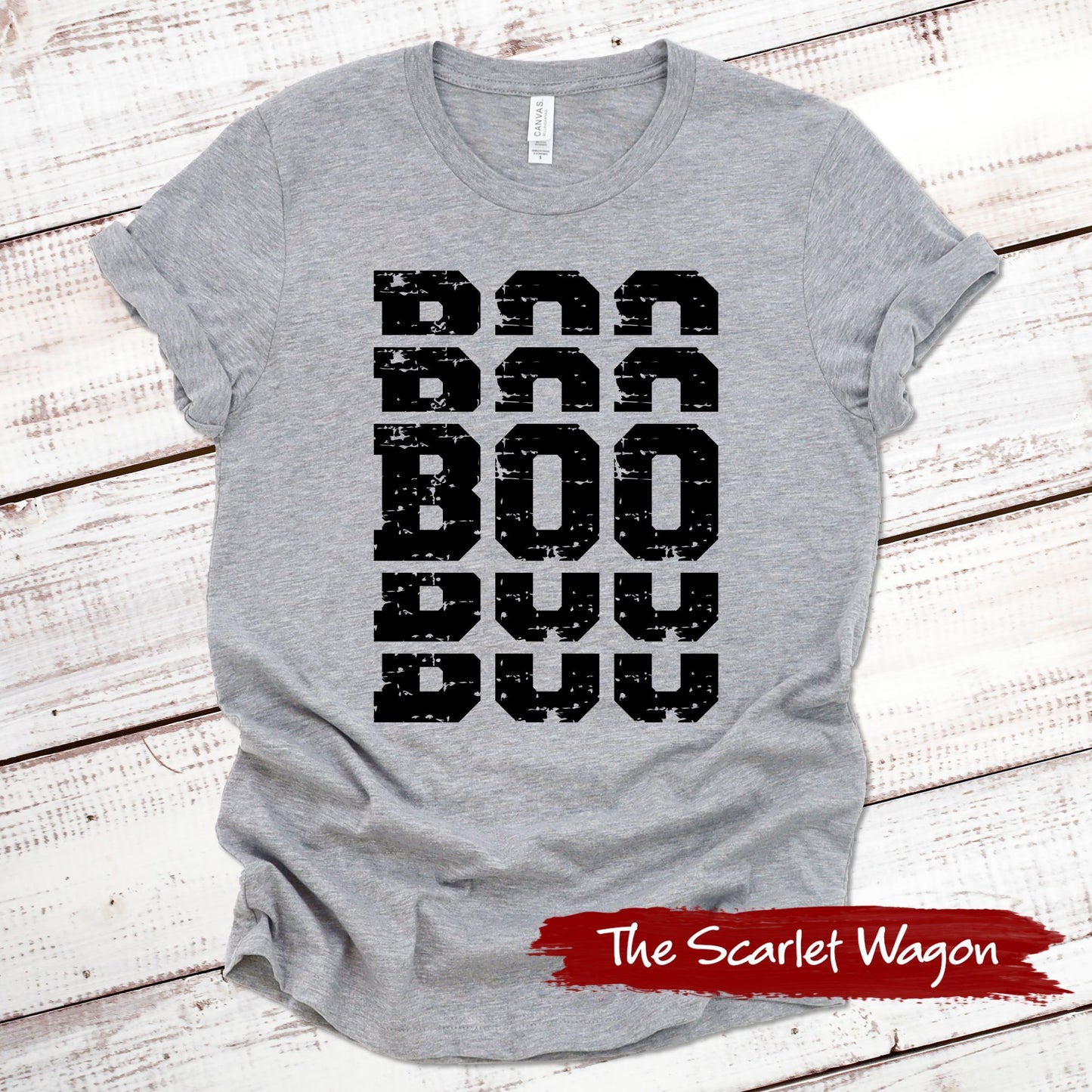 Stacked Boo Halloween Shirt Scarlet Wagon Athletic Heather XS 