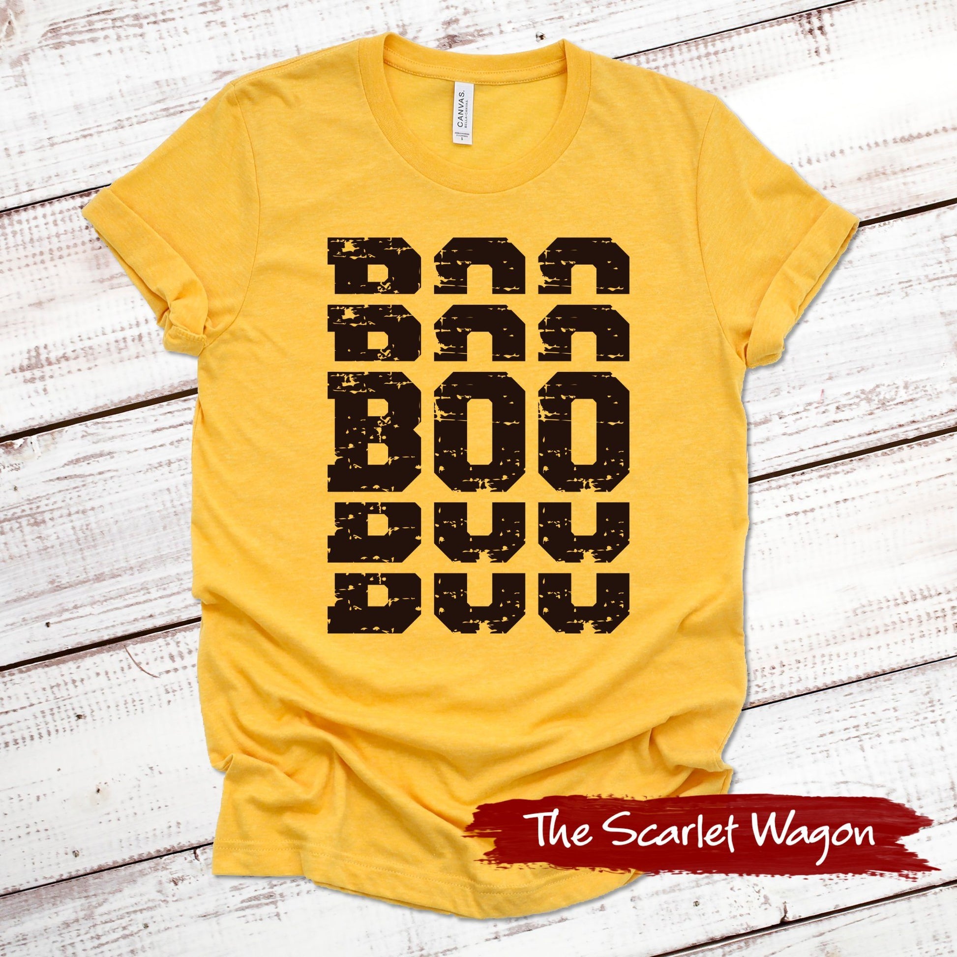 Stacked Boo Halloween Shirt Scarlet Wagon Heather Gold XS 