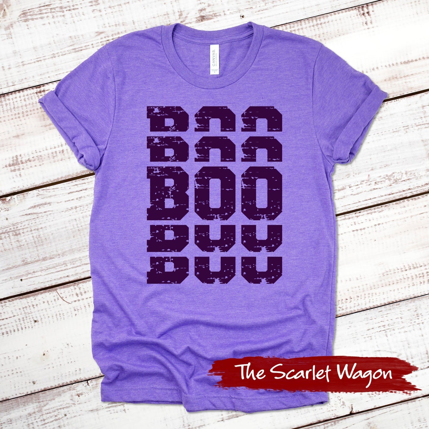 Stacked Boo Halloween Shirt Scarlet Wagon Heather Purple XS 