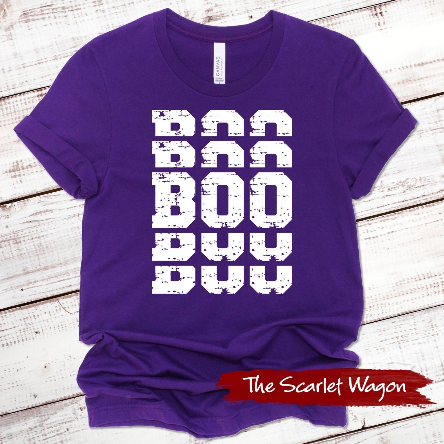 Stacked Boo Halloween Shirt Scarlet Wagon Purple XS 