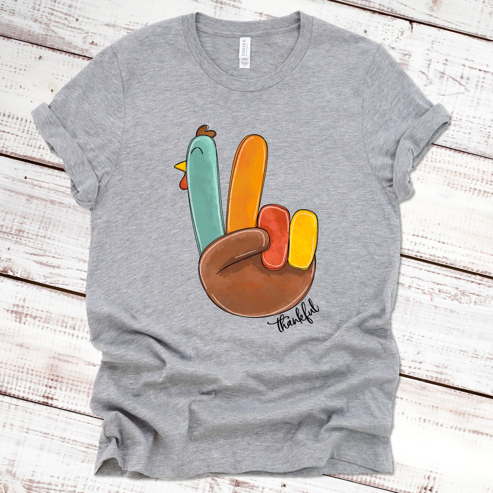 Thankful Peace-Sign Turkey Thanksgiving Shirt Great Giftables Athletic Heather XS 