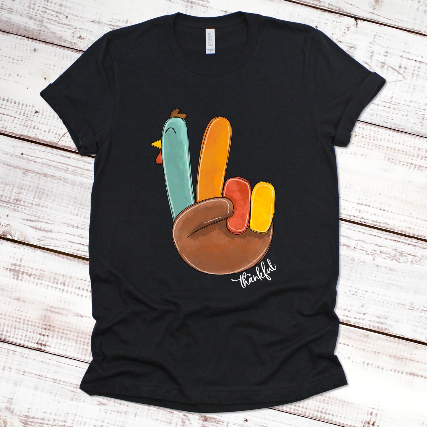 Thankful Peace-Sign Turkey Thanksgiving Shirt Great Giftables Black XS 