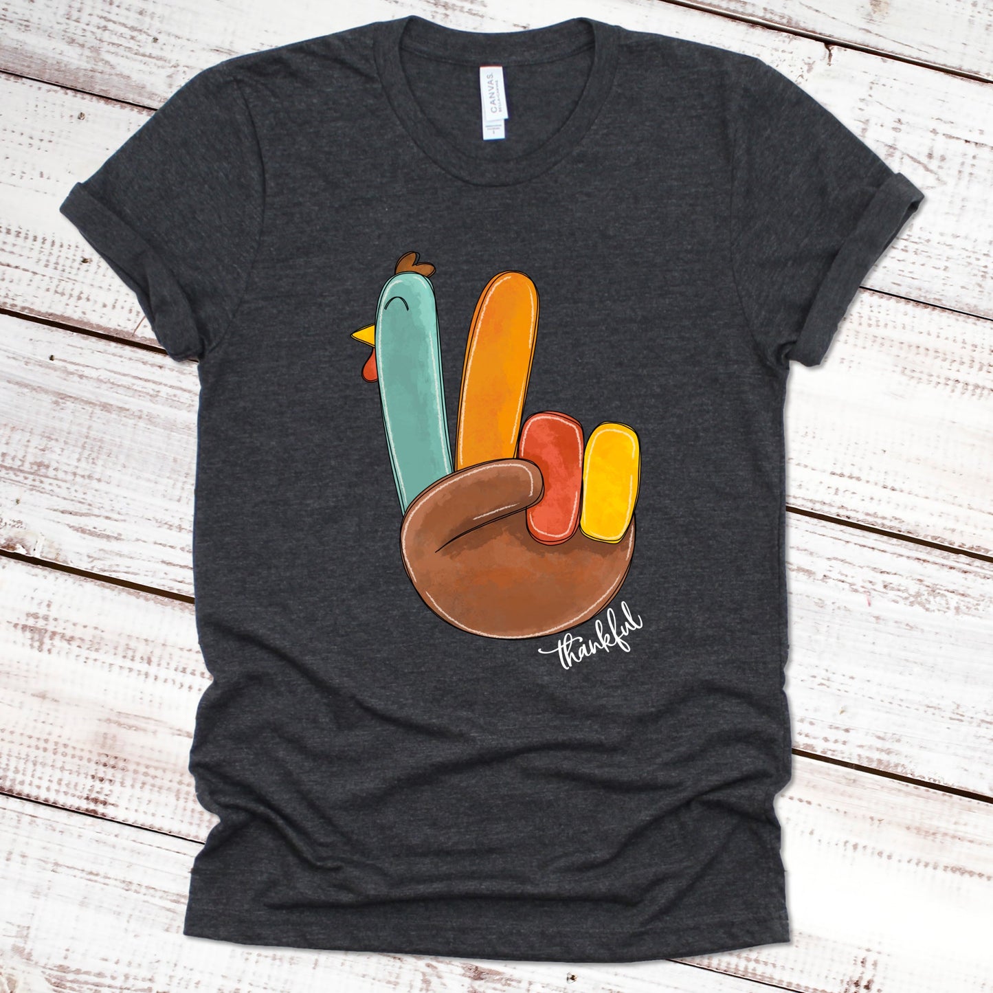 Thankful Peace-Sign Turkey Thanksgiving Shirt Great Giftables Dark Gray Heather XS 