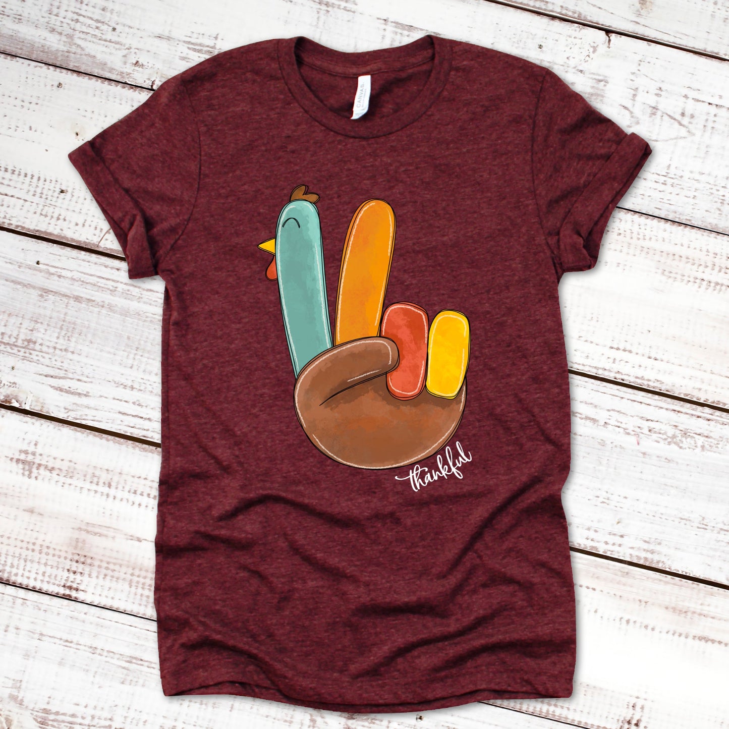 Thankful Peace-Sign Turkey Thanksgiving Shirt Great Giftables Heather Cardinal XS 