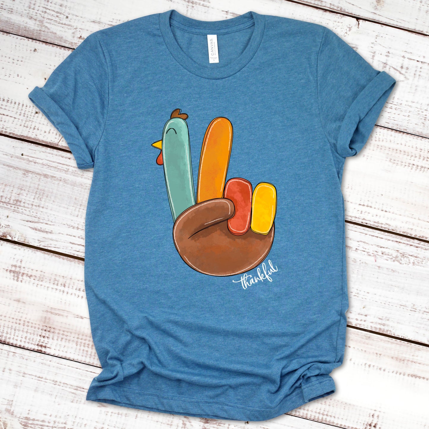 Thankful Peace-Sign Turkey Thanksgiving Shirt Great Giftables Heather Deep Teal XS 