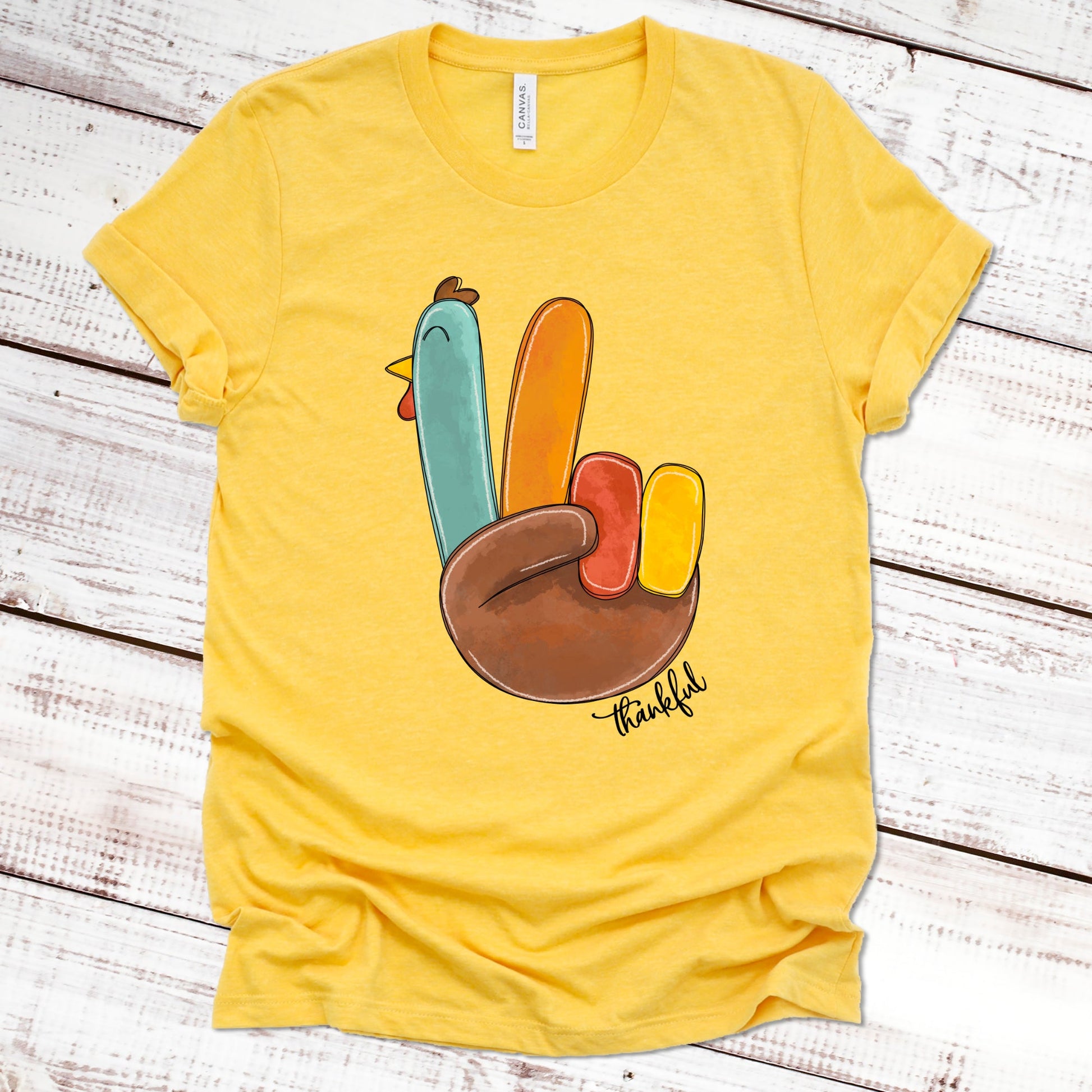 Thankful Peace-Sign Turkey Thanksgiving Shirt Great Giftables Heather Gold XS 