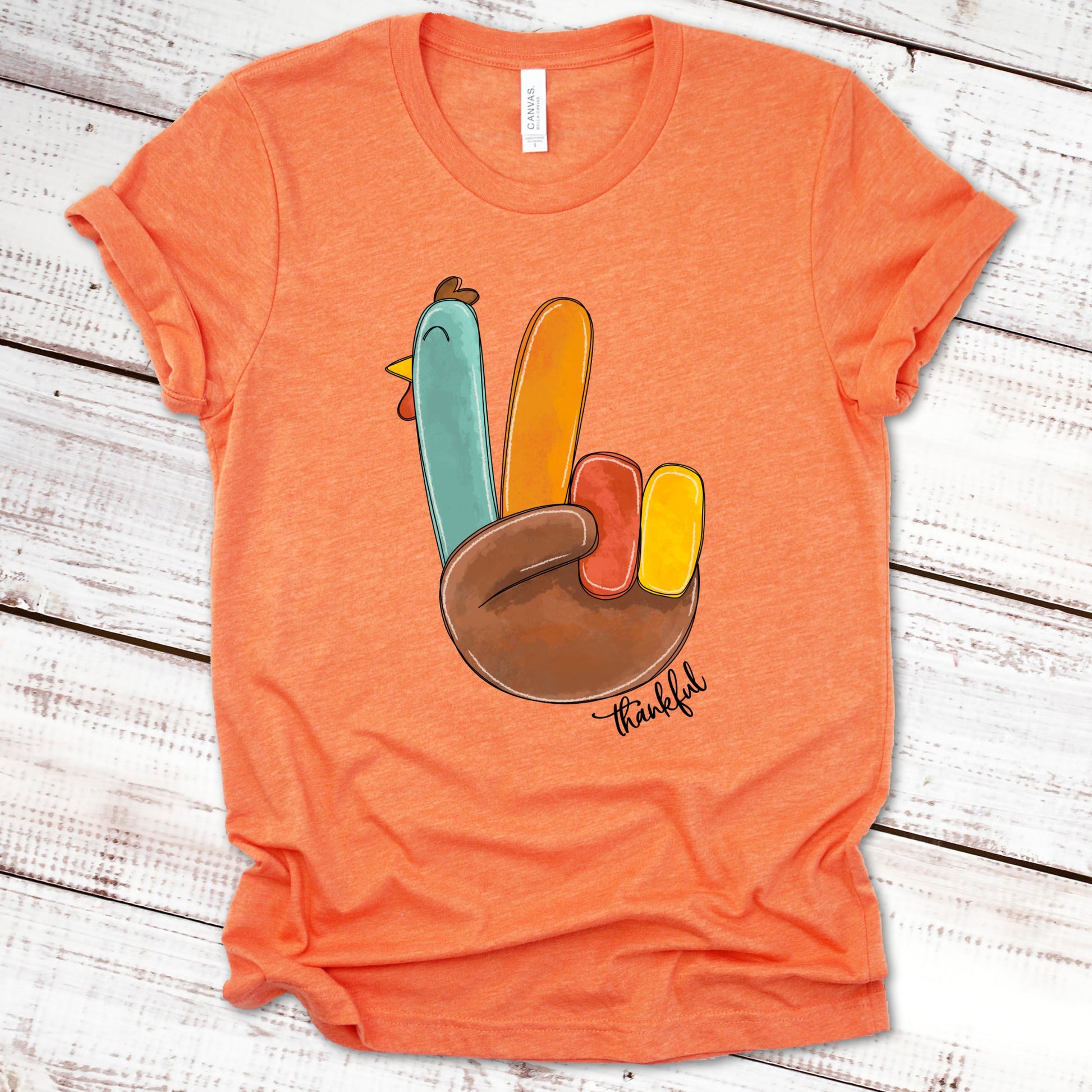 Thankful Peace-Sign Turkey Thanksgiving Shirt Great Giftables Heather Orange XS 