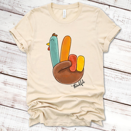 Thankful Peace-Sign Turkey Thanksgiving Shirt Great Giftables Soft Cream XS 