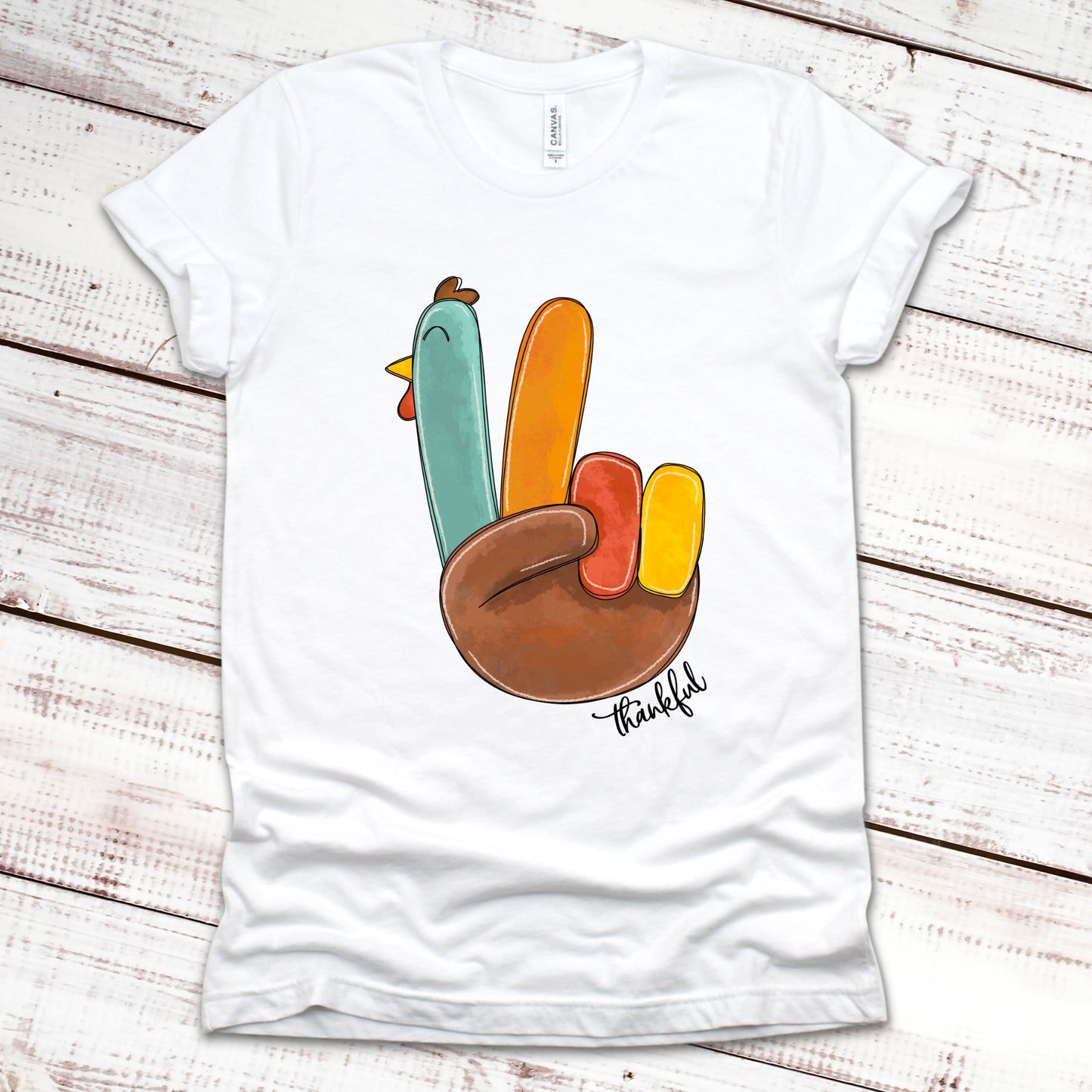 Thankful Peace-Sign Turkey Thanksgiving Shirt Great Giftables White XS 