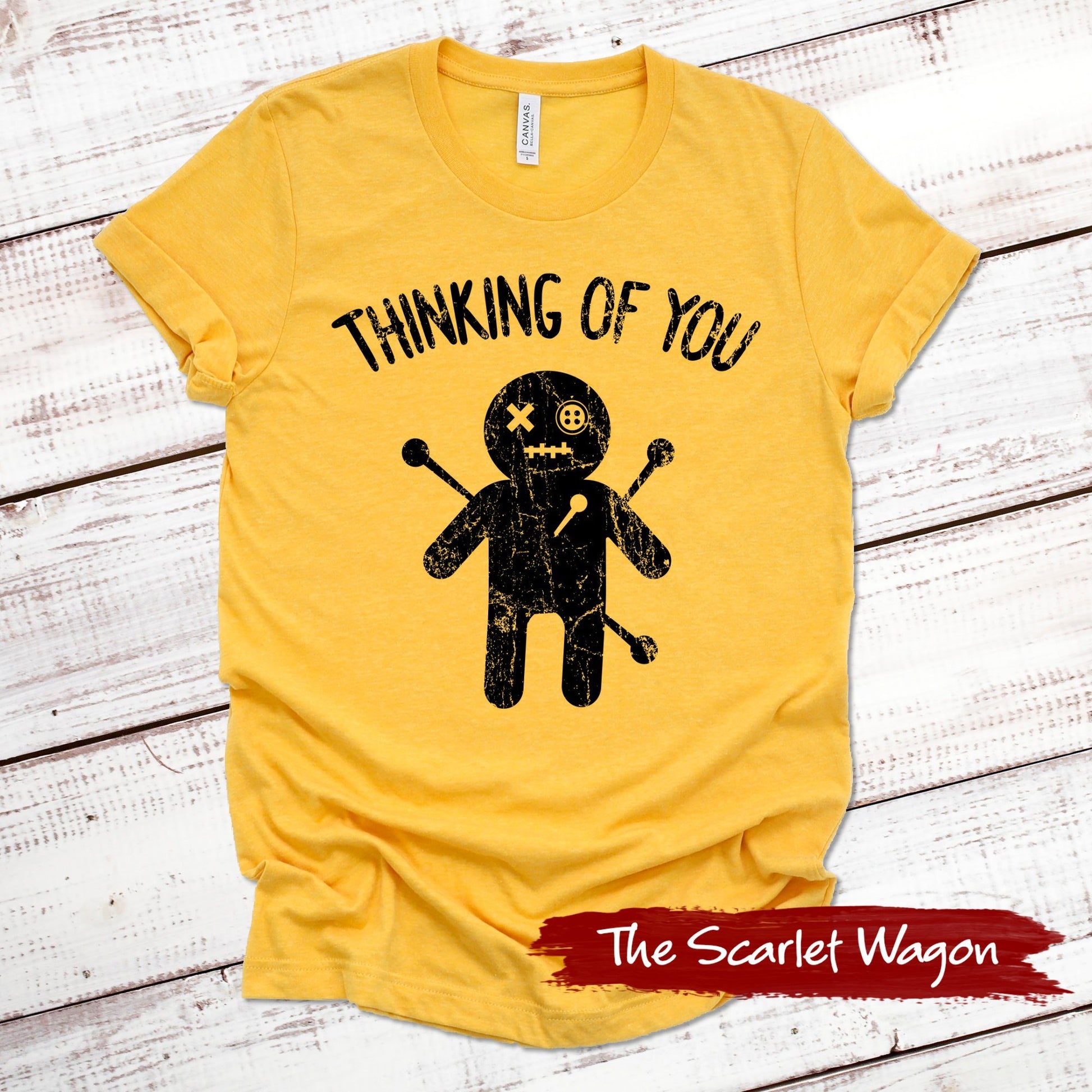 Voodoo Doll Thinking of You Halloween Shirt Scarlet Wagon Heather Gold XS 
