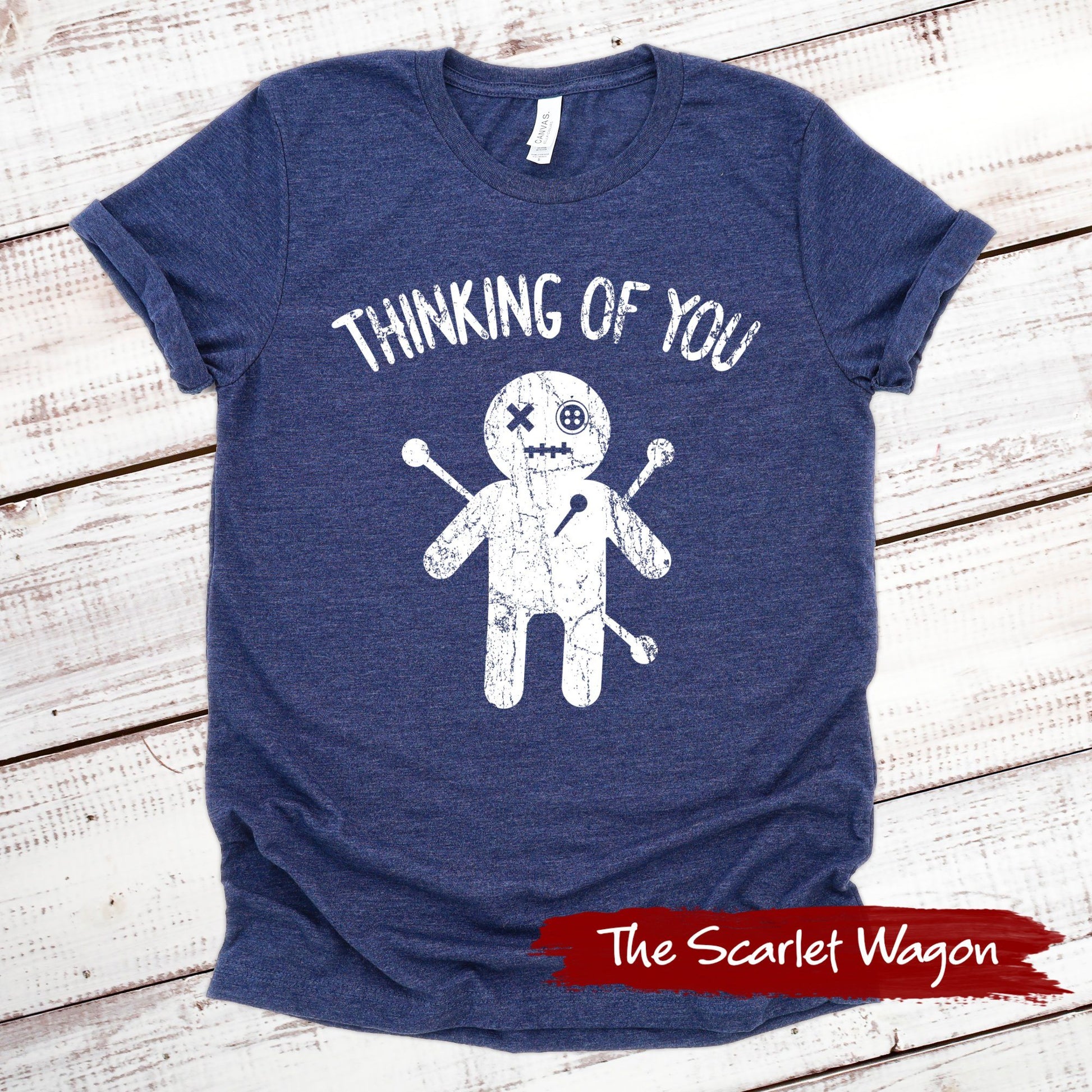 Voodoo Doll Thinking of You Halloween Shirt Scarlet Wagon Heather Navy XS 