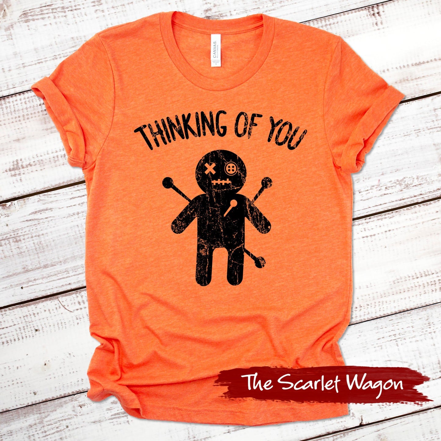 Voodoo Doll Thinking of You Halloween Shirt Scarlet Wagon Heather Orange XS 