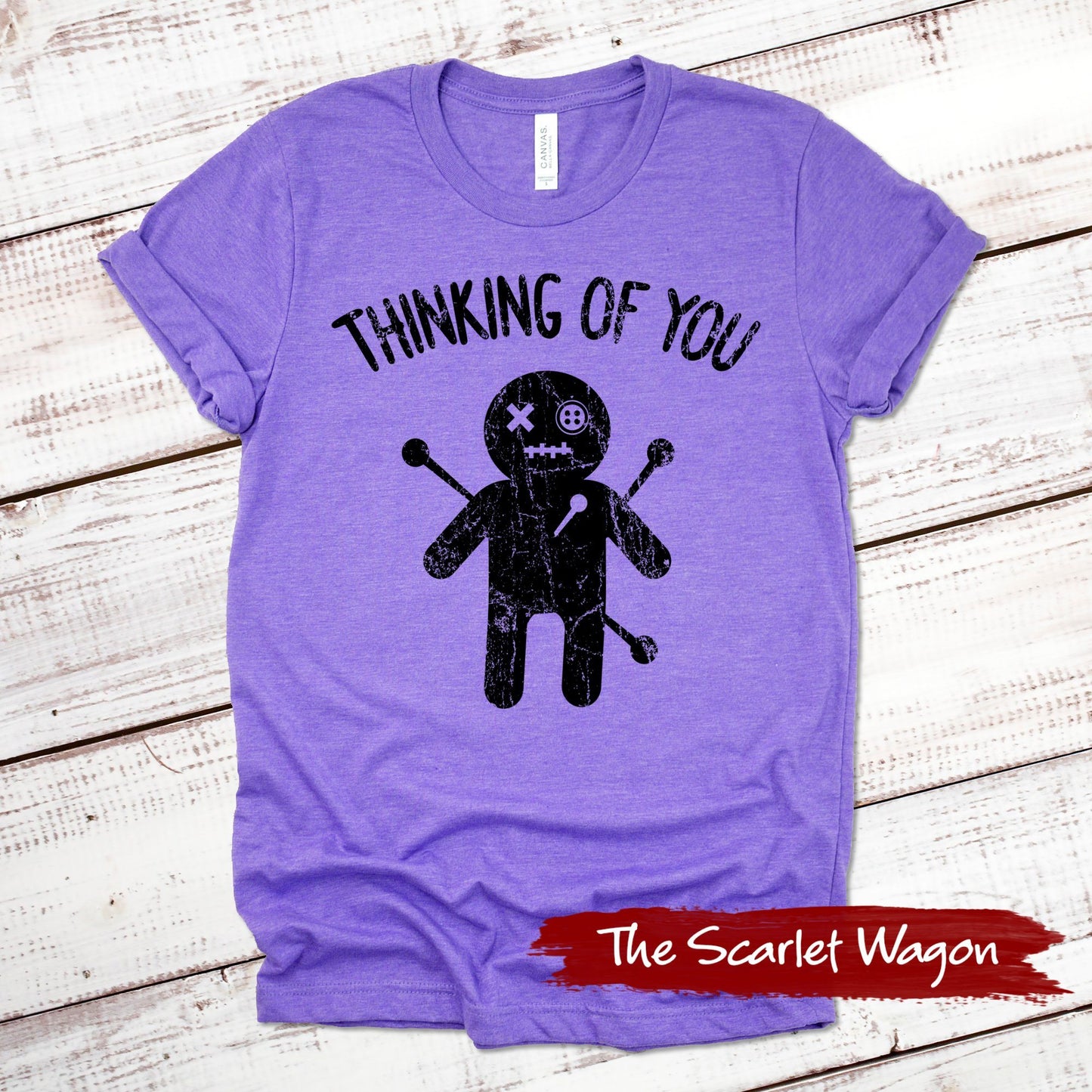 Voodoo Doll Thinking of You Halloween Shirt Scarlet Wagon Heather Purple XS 