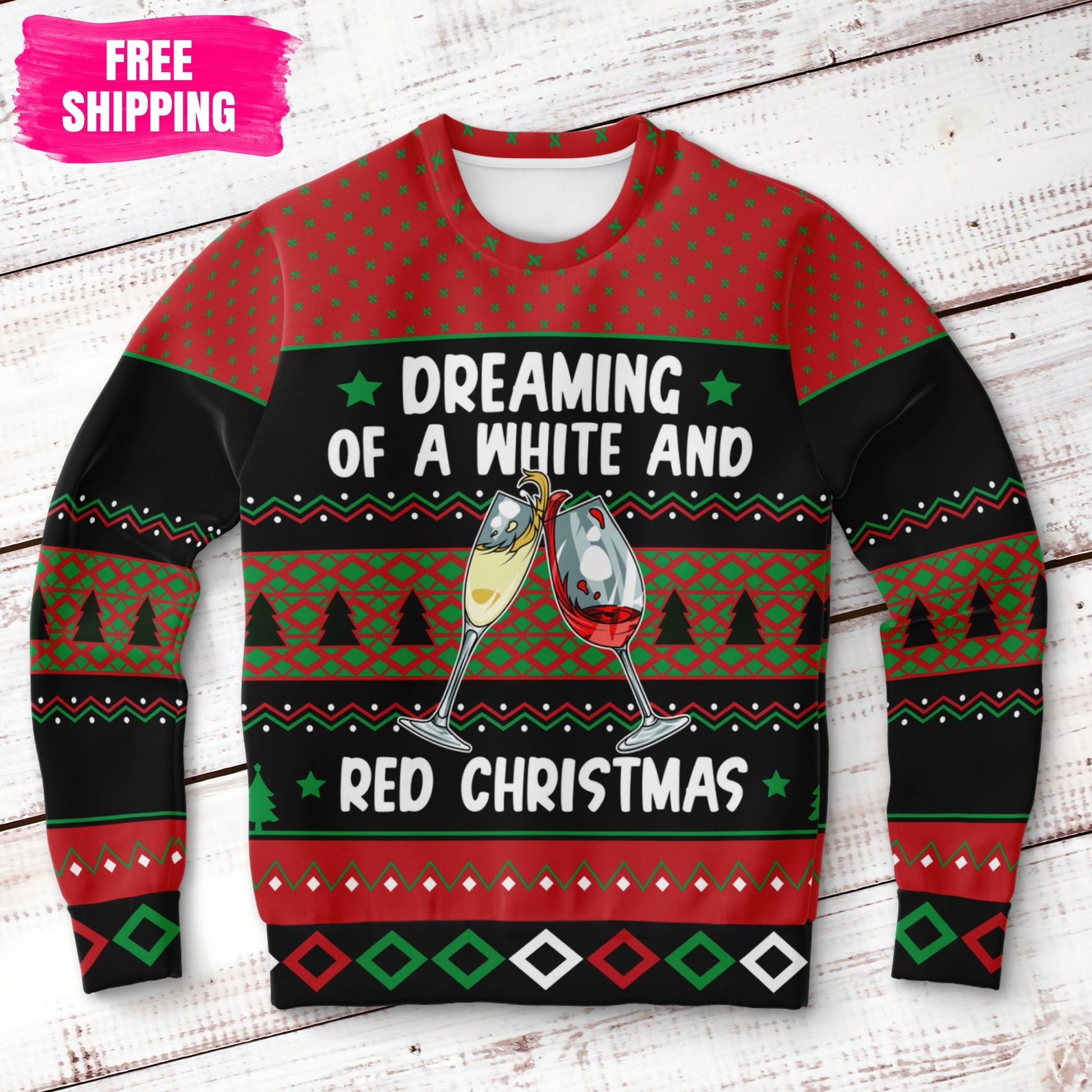 White and Red Wine Ugly Christmas Sweatshirt Fashion Sweatshirt - AOP Subliminator 
