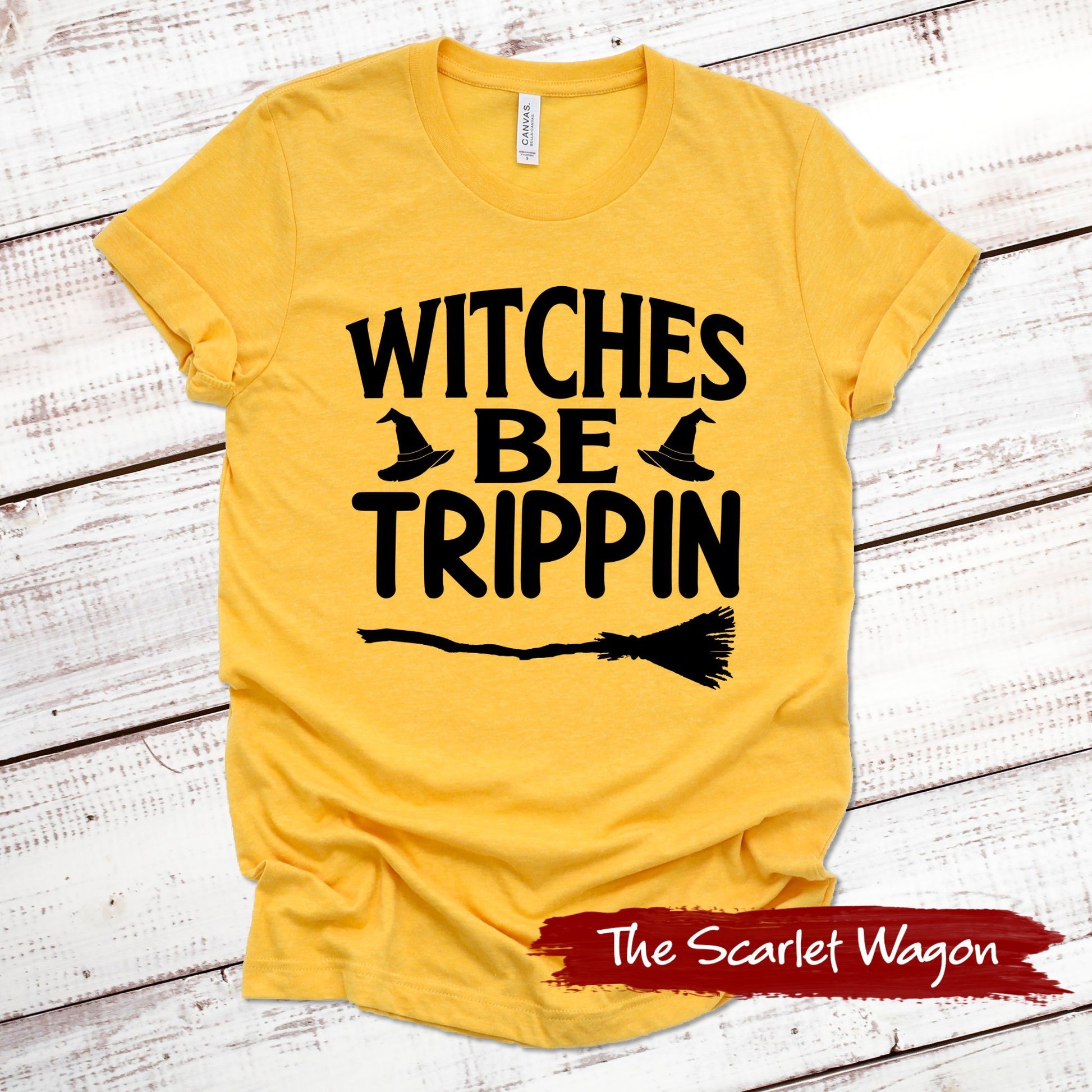 Witches Be Trippin Halloween Shirt Scarlet Wagon Heather Gold XS 