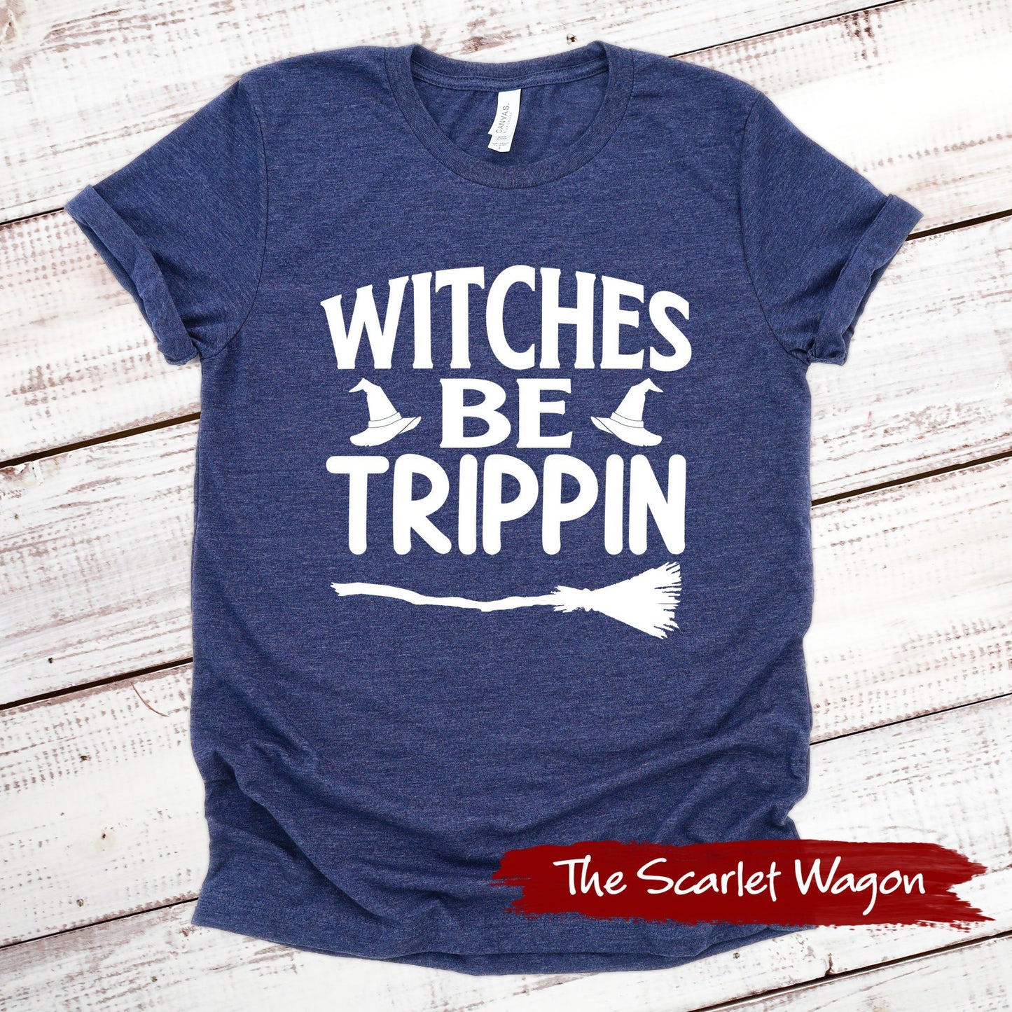 Witches Be Trippin Halloween Shirt Scarlet Wagon Heather Navy XS 