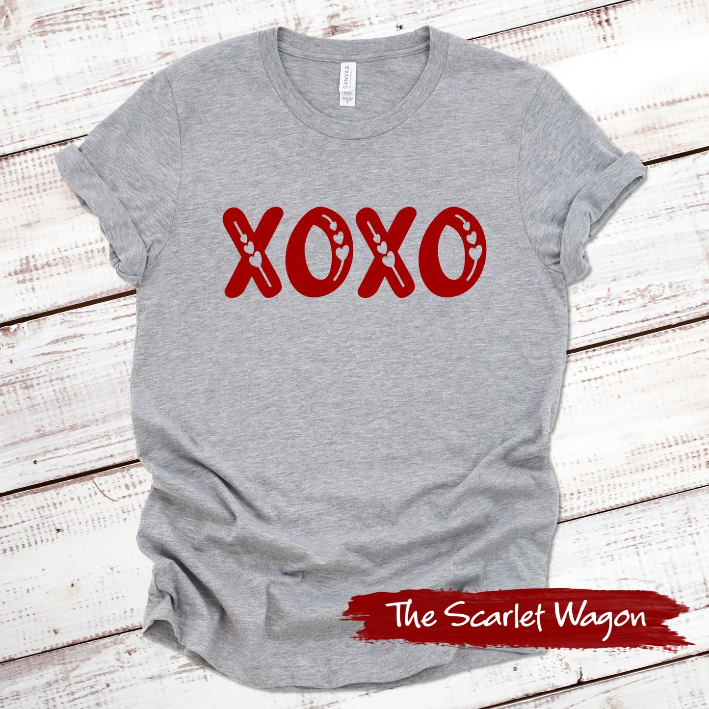 XOXO with Hearts Valentine Shirt Scarlet Wagon Athletic Heather XS 