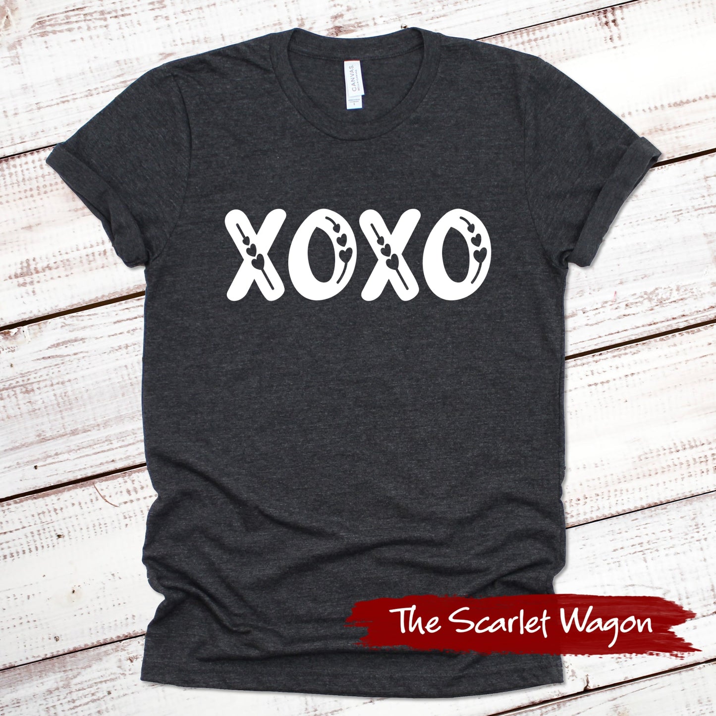 XOXO with Hearts Valentine Shirt Scarlet Wagon Dark Gray Heather XS 