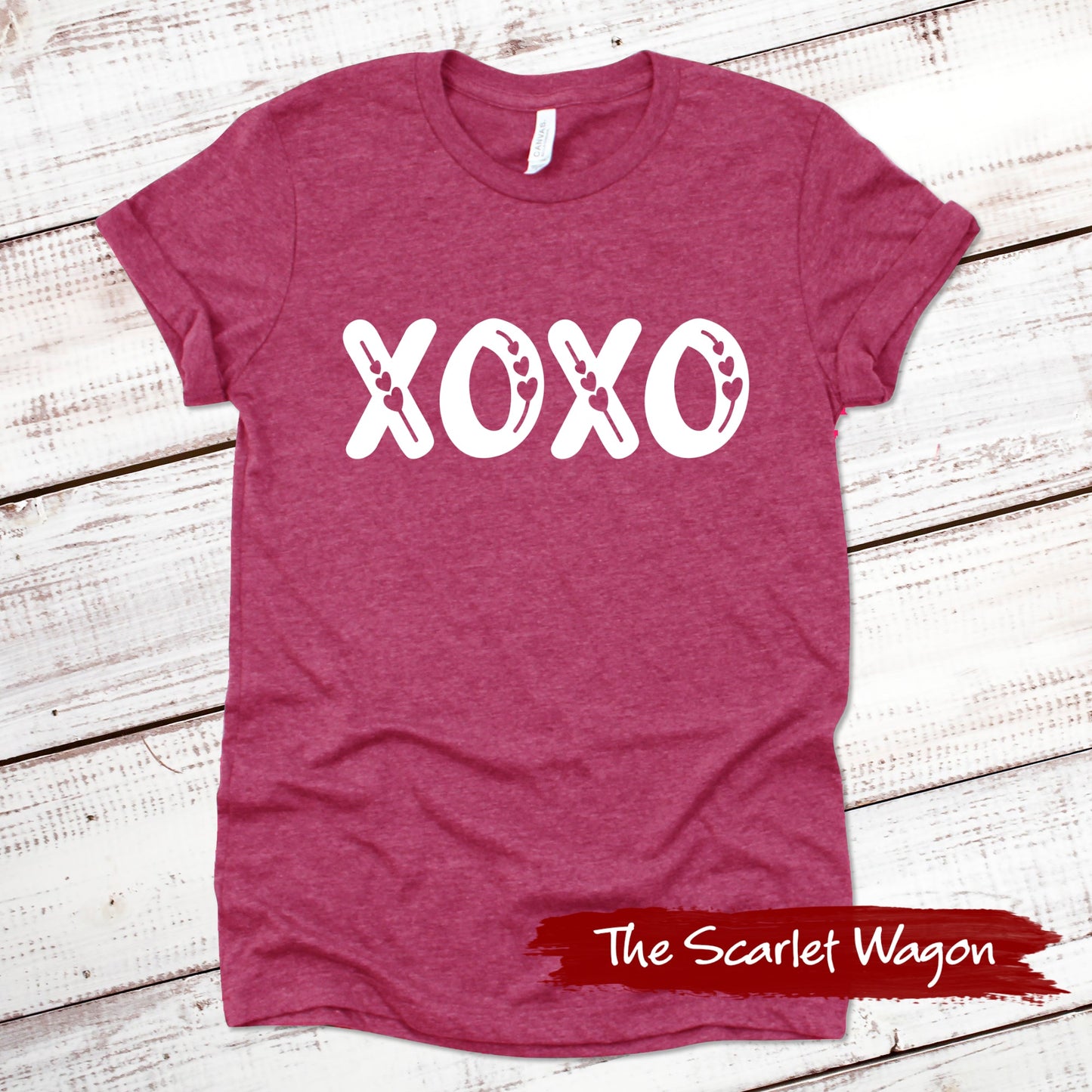 XOXO with Hearts Valentine Shirt Scarlet Wagon Heather Raspberry XS 